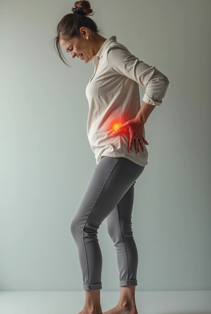 Create a realistic image depicting muscle pain in the leg. Show a person in a natural posture, with one hand placed on the area where you feel muscle pain. The area of pain should be highlighted with a reddish hue to indicate discomfort.. The person's expression should reflect mild distress or discomfort.. The image must have realistic skin textures and lighting., and the background should be neutral to focus attention on the person and the highlighted area of pain