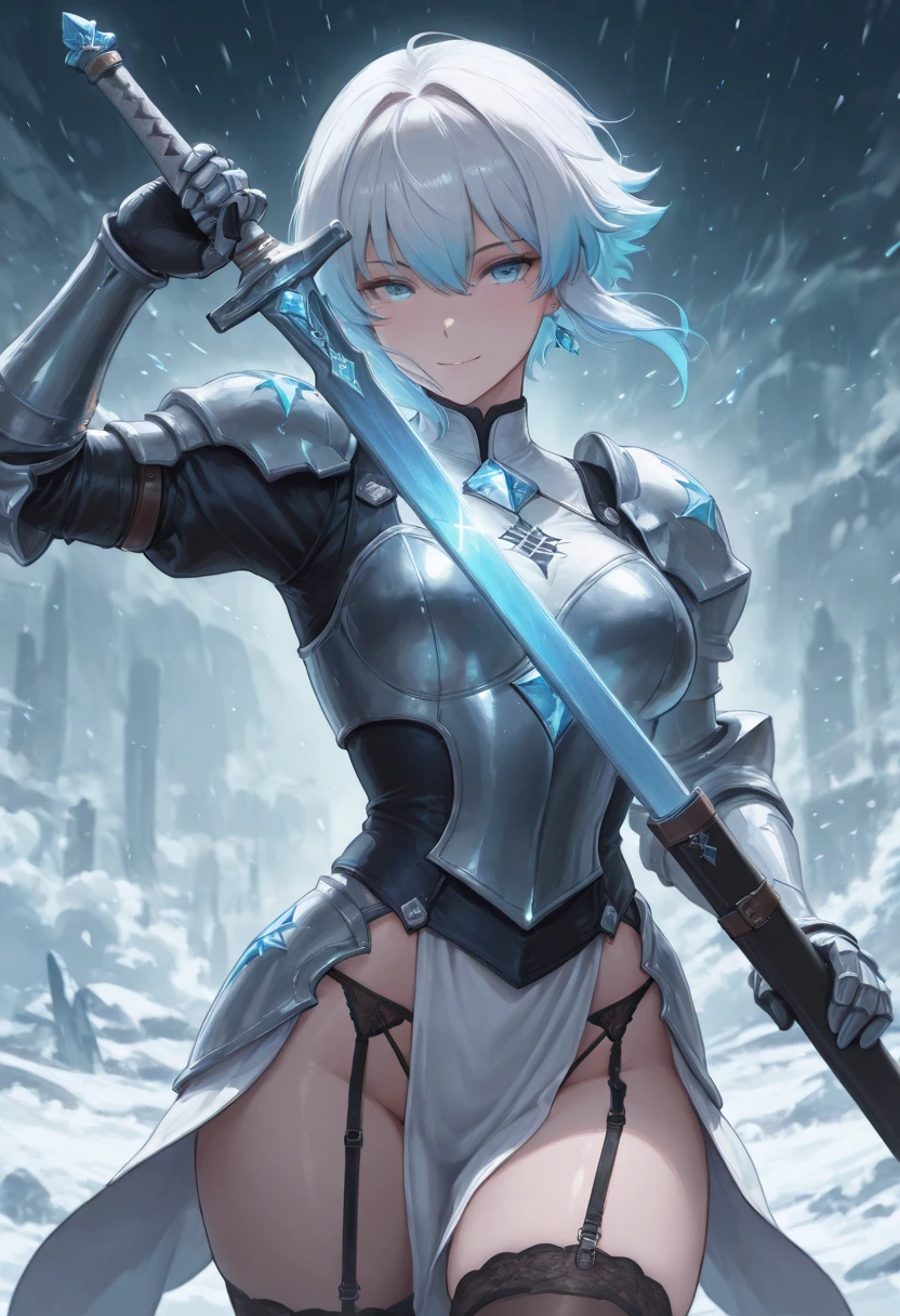 ((solo)), amazing masterpiece, top quality, high fashion, absurdres extremely, HDR, intricate details, vivid colors, cool female, The face of a peerless beauty, short hair, shaggy hair, wolf cut hair, white hair, blue hair, gradation hair, glowing blue eyes, Female Holy knight costume, gauntlet, garter strap, pelvic curtain, Low Rise panties, glowing shining sword, holding sword unsheathing, A confident expression, A full smile, cowboy shot, Low posture, The end of the century, shining aura, Justice, Absolute zero freezing boundary, There is ice magic around