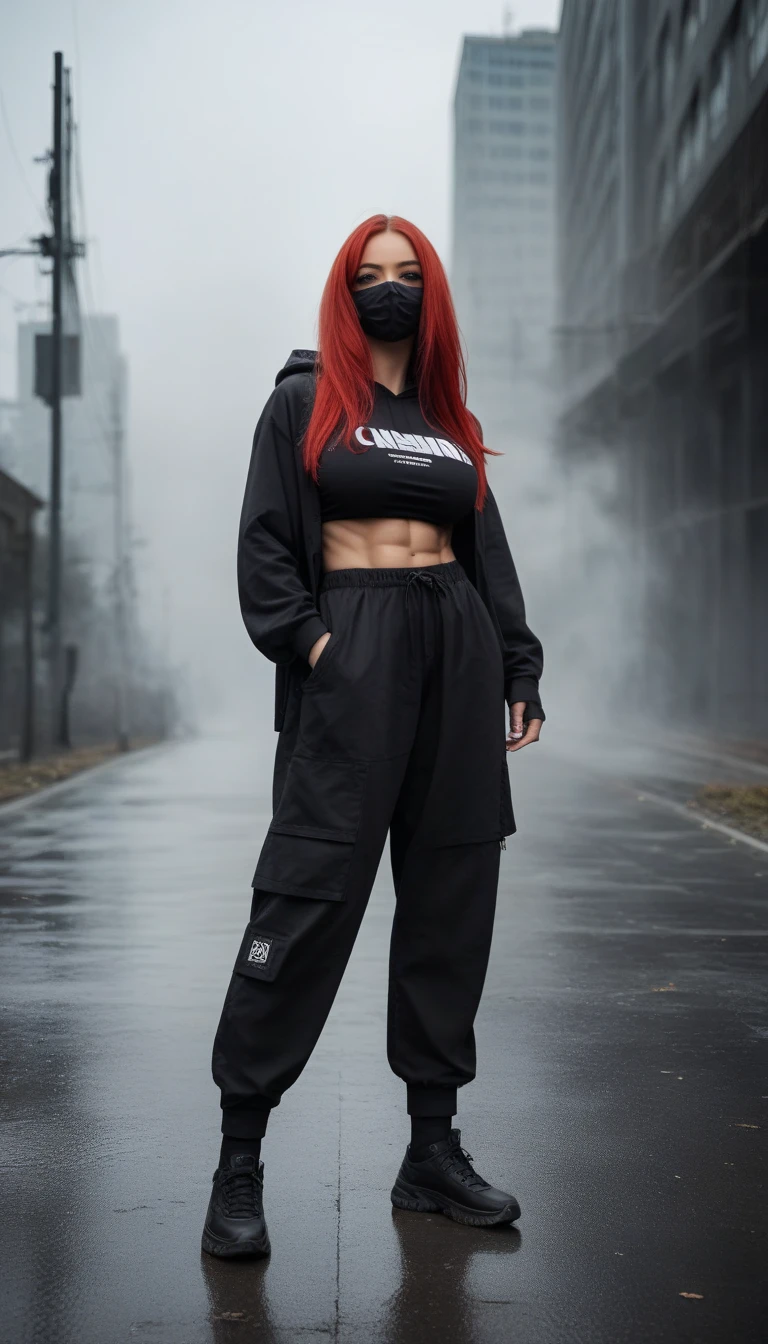 Solo, Full face mask, muscular woman, techwear hoodie, techwear pants, big breasts, Red Hair, long Hair, horror, Destroyed city, gloves, hoodie, open hoodie, Black shirt, Black clothes, fog, hard shadows, Black cover, standing, arte realista, best quality, masterpiece, ultra resolution, oversized clothes
