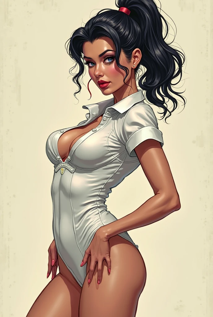 Thin woman, age 25, 4K (High definition), mysterious smile, seducing gaze, eyes browns, wearing a beige dress with a boat neckline (with buttons) and short sleeves, arms positioned at the side of the body, Caucasian skin, straight black hair down to shoulder length, bare-kneeled, full of curves with freckles across her chest and neck, round breasts. Marvel style high quality, white background.