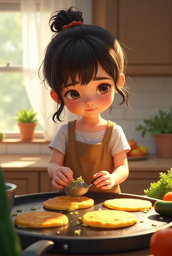 A girl fries zucchini pancakes
