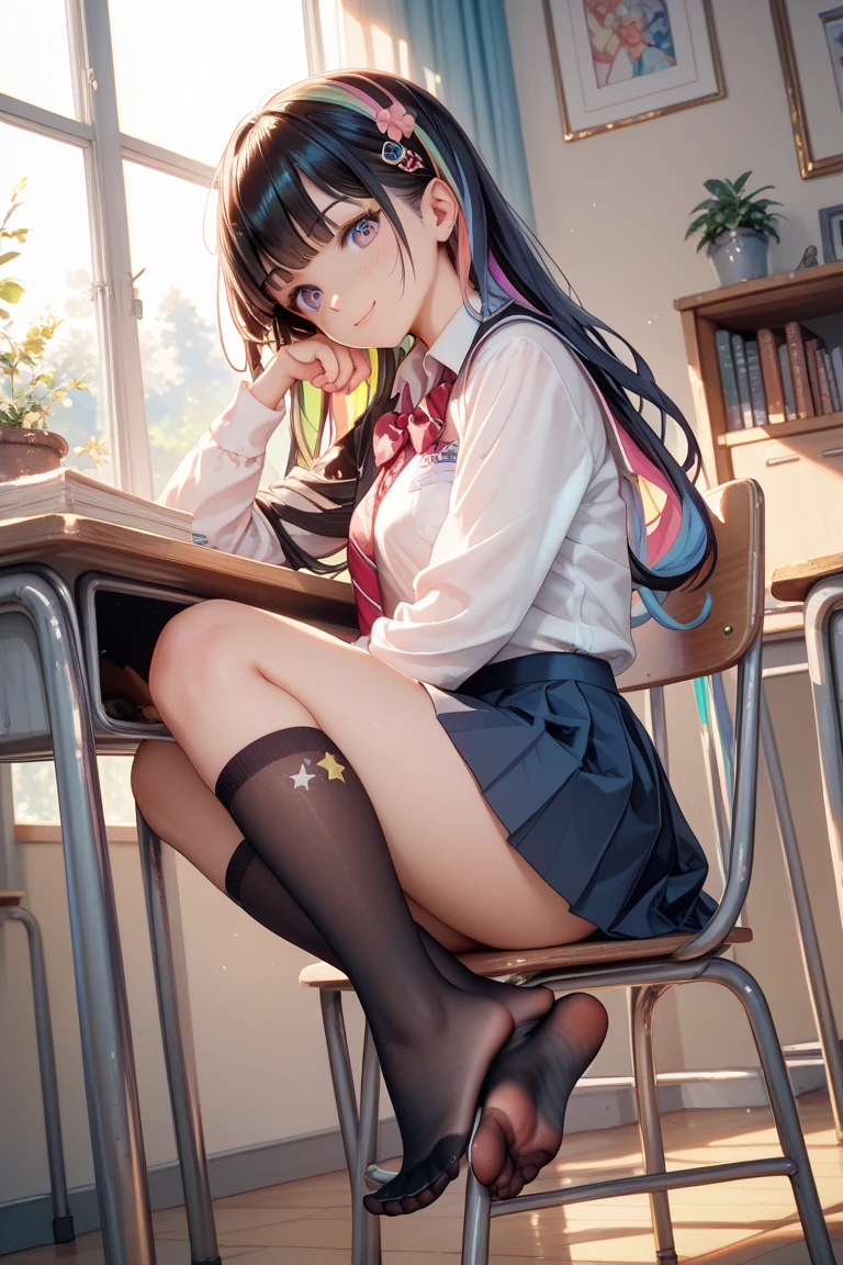 8k, (ultra-detailed:1.3, master piece:1.3, best quality:1.3, high resolution:1.3), 18year old, High school students, 1 person, a girl, beautiful face, large and beautiful breasts, Blue eyes, eyes in highlight, catch light eyes, specular highlight eyes, (long hair, black hair, black sailor suit, Black pleated skirt, Separated uniforms, red sailor scarf, collarbone, from the front side, shoot from below looking down) (A big smile, Smile with teeth), classroom, (Sitting on a desk, chest between upper arms, put your hand on your crotch.)