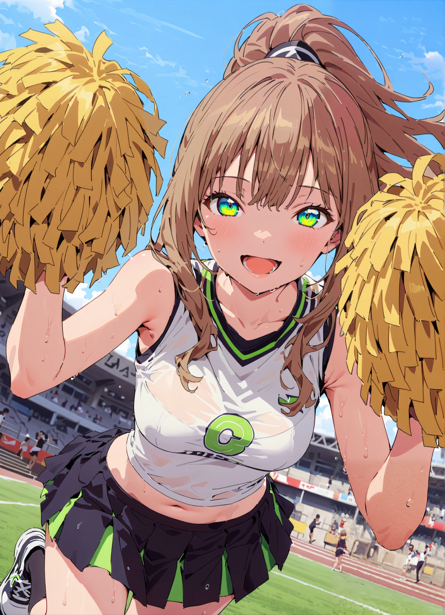 yume minami, long hair, brown hair, green eyes, bungs,smile,cover,open your mouth,ponytail from Yubi's point of view, Glowing Skin,Medium breast,(cheerleading), (full body), on chest, (sweated), sweated Wet Clothes, (white clothes),sleeveless, pleated skirt,black socks,sneakers with a ladyback letter, stomach button support , playground, (jump), (jump), 両足を曲げてjumpする, , blue sky, Compa, smile,cheerleader, Pom-pom \(cheerleading\) real hair ornaments,angle from below,full bodyがイラストに入るように,break outdoors,Stadium,
break looking at viewer,full body,
break (masterpiece:1.2),best quality , kampala,Unity 8k Wallpaper,(shape:0.8),( fine, beautiful eyes :1.6),It's a person ,full body写真,CG Details , (perfect hands,complete anatomy),