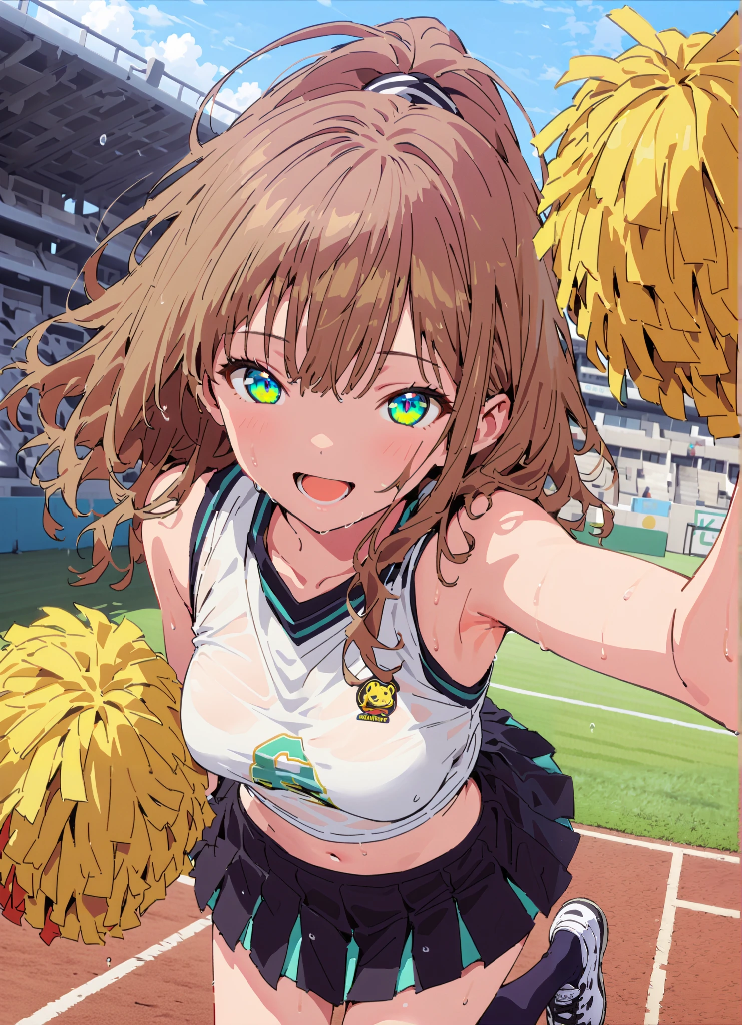 yume minami, long hair, brown hair, green eyes, bungs,smile,cover,open your mouth,ponytail from Yubi's point of view, Glowing Skin,Medium breast,(cheerleading), (full body), on chest, (sweated), sweated Wet Clothes, (white clothes),sleeveless, pleated skirt,black socks,sneakers with a ladyback letter, stomach button support , playground, (jump), (jump), 両足を曲げてjumpする, , blue sky, Compa, smile,cheerleader, Pom-pom \(cheerleading\) real hair ornaments,angle from below,full bodyがイラストに入るように,break outdoors,Stadium,
break looking at viewer,full body,
break (masterpiece:1.2),best quality , kampala,Unity 8k Wallpaper,(shape:0.8),( fine, beautiful eyes :1.6),It's a person ,full body写真,CG Details , (perfect hands,complete anatomy),
