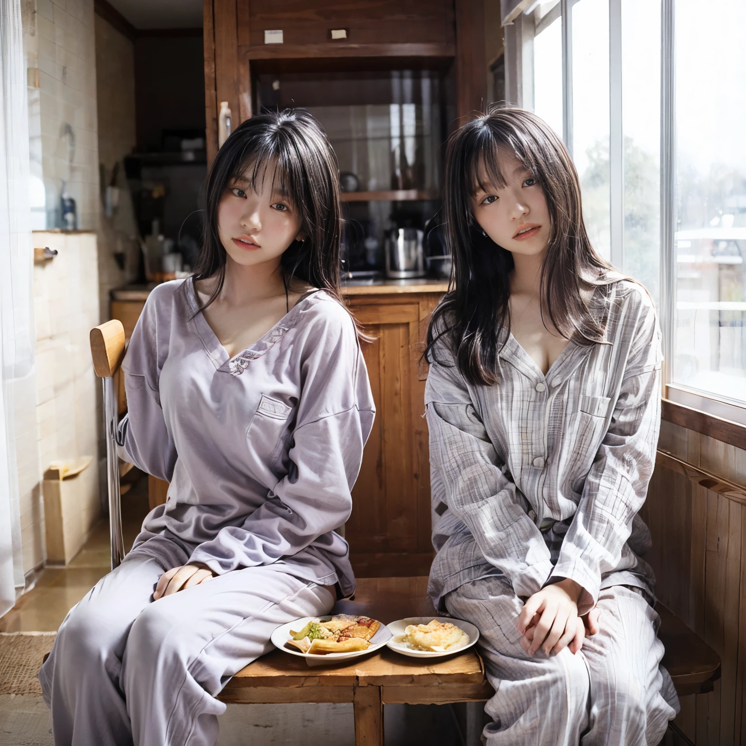 "1990s silver halide film photo of identical twin sisters enjoying a traditional Japanese breakfast at the kitchen table, wearing casual pajamas."