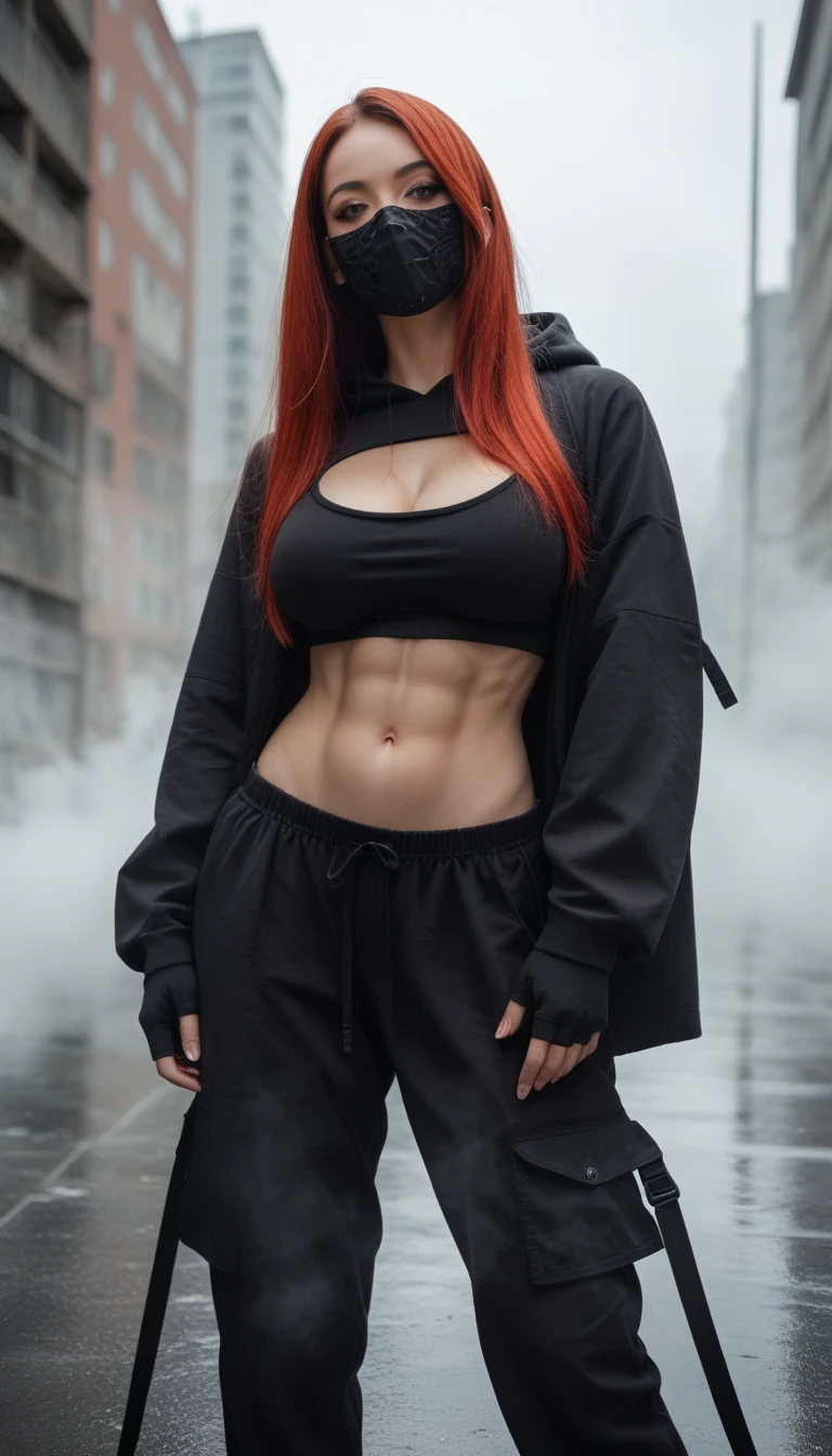 Solo, Full face mask, beautiful woman, ABS,  techwear hoodie, techwear pants, big breasts, Red Hair, long Hair, horror, Destroyed city, gloves, hoodie, open hoodie, Black shirt, Black clothes, fog, hard shadows, Black cover, standing, arte realista, best quality, masterpiece, ultra resolution, oversized clothes, intricate details 