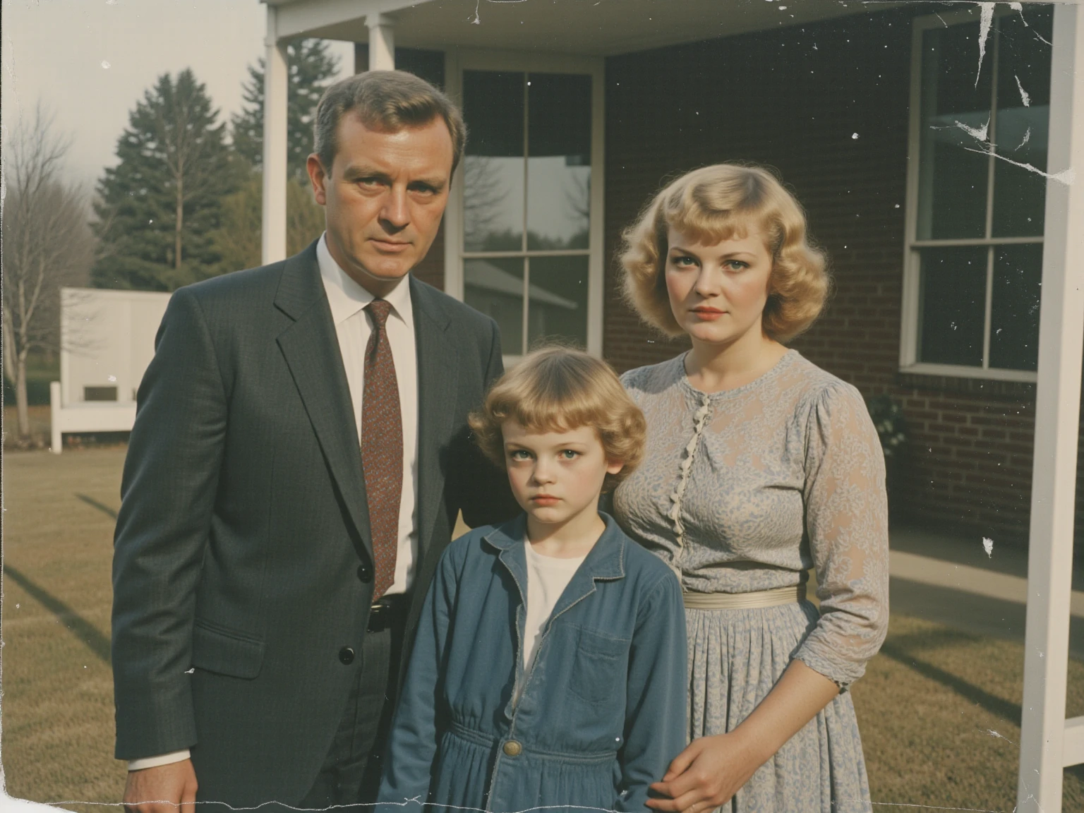 A Holloway family photo taken in front of the house. O Sr. Holloway has one arm around Mrs.. Holloway, and Thomas, with about s, is standing next to them, looking directly at the camera, with an expressionless expression. Faded old photo style, soft colors, 1960s. masterpiece, Higher quality, theme super detailed, ultra-high resolution, 8k.