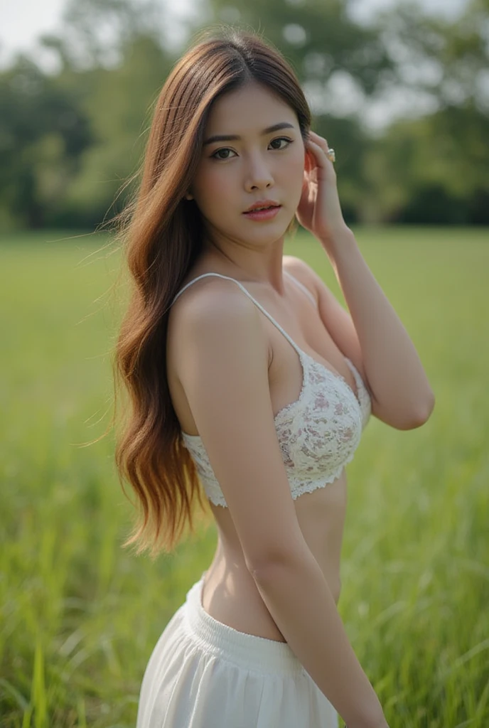 Obra maestra, La mejor calidad, ultra-high resolution, Foto de alto detalle, Unidad 8K Fondo de pantalla, CG extremadamente detallado:1.2), depth of field, bokeh, (Foto RAW:1.realistic photography:1.4), (1girl:1.5), joven, physically based representation, beautiful, (Cara finamente detallada:1.4, Ropa detallada), (Detallado:1.4) named (Eimi Fukada:1.1) BREAK Cara hermosa, Profundidad de campo, Agregar capa, hiperrealista, 27 years old, Modelo de cuerpo perfecto, senos perfectos, 175cm de altura, pose sexy, full body, cuerpo completo, Tipo de cuerpo del modelo, BREAK (extreme skin details:1.1), skin details, (dark blue micro bikini:1.0), (tight short:1.3), (cowboy hat:1.3), doble parpado BREAK smiling, Create an image of a charming farm at dawn. All the animals are waking up to a beautiful sunrise, ((looking up at the audience)), ((legs opened showing dirty white underwear)), (camel toe)
