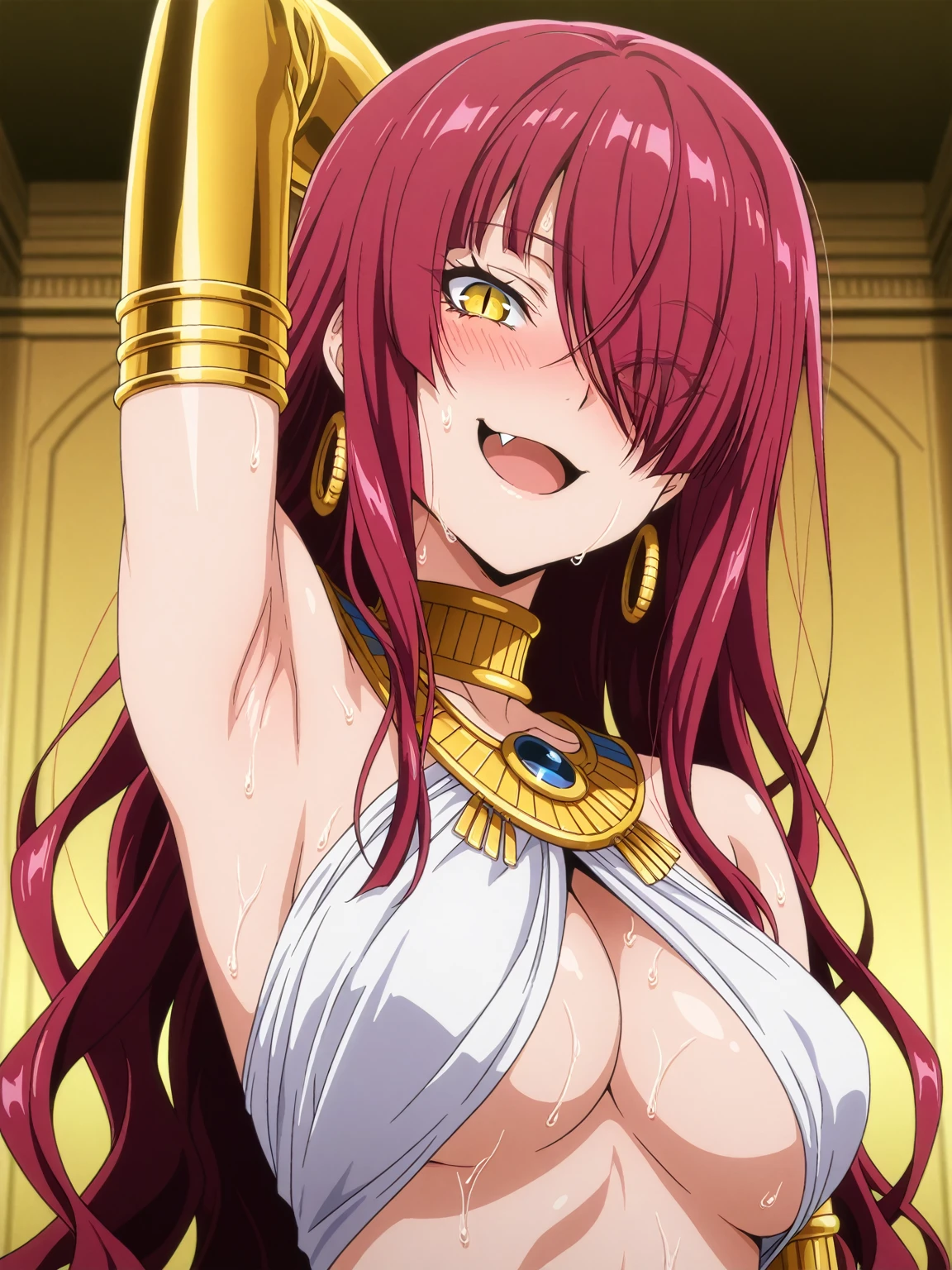 ,(Masterpiece),(Best Quality),(ultra detailed),(best illustration),(best shadow),(absurdities),(detailed background), ((close-up shot)), ((upper half body shot)), My Naruse, 1 girl, In a grandiose mansion surrounded by lush gardens and serene ponds, she embodied a beauty that seemed straight out of a fantasy realm. Dressed in regal attire befitting a queen of demons, her dark ensemble exuded power and allure. The gown, a deep shade of midnight black, draped elegantly around her figure, adorned with intricate patterns that hinted at otherworldly origins. A crown of obsidian and ruby adorned her fiery red hair, a stark contrast against the pale complexion of her flawless skin.

Her eyes, now a mesmerizing blend of crimson and violet, gleamed with an otherworldly wisdom and a hint of mischief. Despite her dark attire and the aura of authority that surrounded her, her smile retained its warmth, though tinged with a hint of mystery and allure. With every step, she commanded attention, her presence a captivating blend of strength, beauty, and a touch of enigmatic charm.

As she moved through the opulent halls of the mansion, shadows seemed to dance around her, echoing her ethereal grace and commanding presence. She was not just a queen, but a ruler of realms unseen, embodying the duality of power and allure that fascinated and awed those fortunate enough to witness her in her regal splendor.