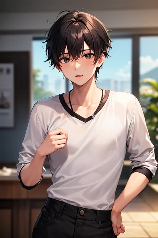 An adult man with curly black hair and black eyes, wearing a long white long-sleeved shirt