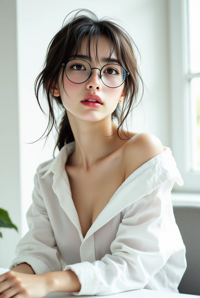 (best quality, masterpiece:1.3), (actual, photo actual:1.3), ultra high resolution, ultra high definition, Extremely detailed CG unified 8k wallpaper, sharp focus, Ridiculous, (actual skin, Delicate skin), (perfect anatomy), glossy lips, (official art, Beautiful and beautiful), (1 girl), (generous smile:1.3), (seductive face:1.3), (korean woman:1.3), alone, depth of field, office,(big breasts:1.1),whole body,(off-shoulder outfit:1.3), (curvy hips:1.1), (midjourney), (collar), (direct eye contact:1.3), (blunt bangs:1.5), (long hair:1.2), (wearing glasses)