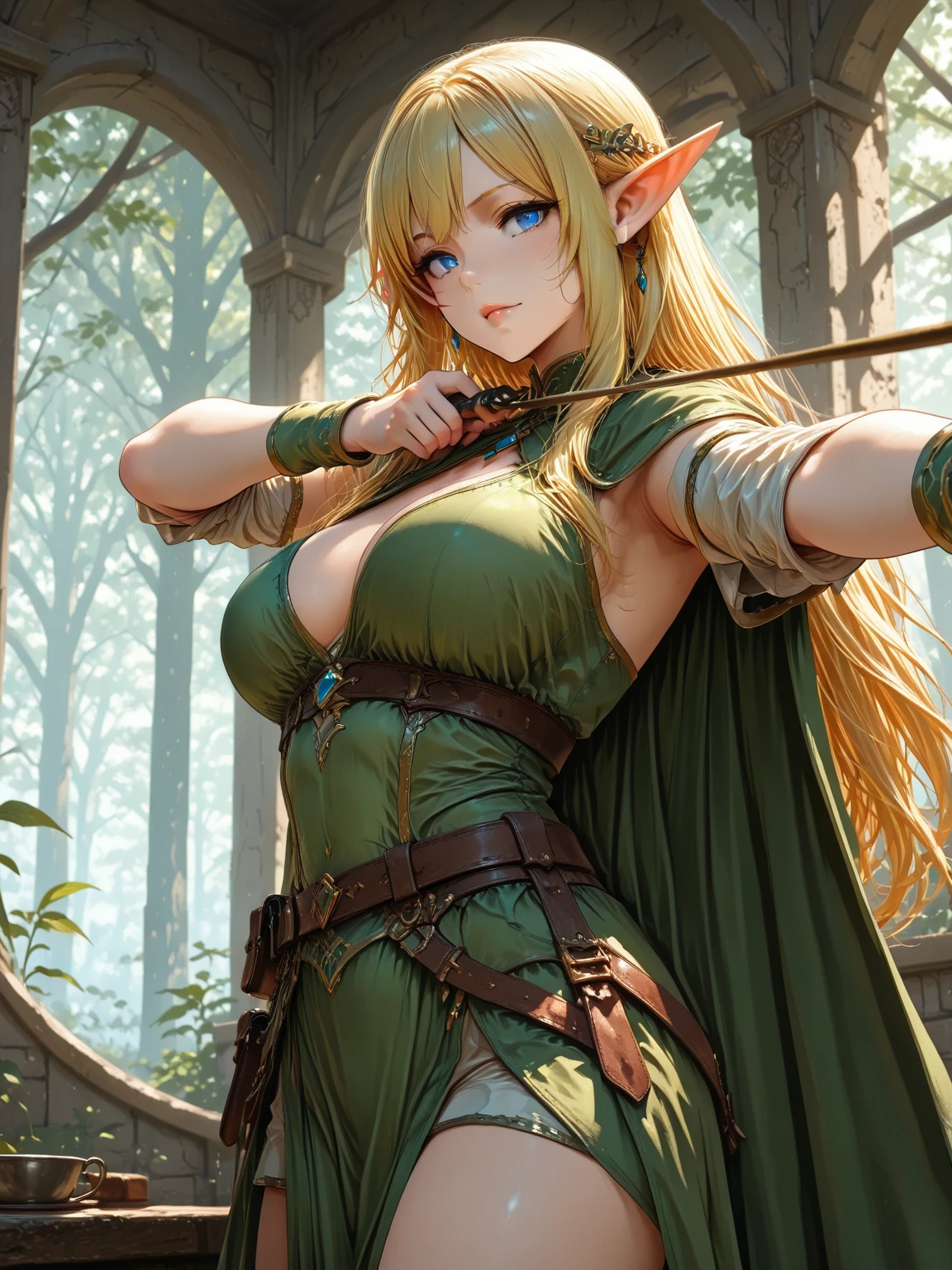 (absurdres, high fantasy artwork, best high quality image, carefuly detailed, very detailed features and textures, alone solo character, full body view, warhammer fantasy aesthetic)
{{(1character: 26 years old elf girl, (tall voluptuous body, face with blood, long straight golden hair with blood, with blood short pointy ears with blood, ligh blue eyes, big breasts, beautiful legs, beautiful arms, combat pose, serious aggresive demeanor), (ligh-armor with blood, green fairy short dress with blood, green scarf with blood, white long sleeves with blood, green heeled shoes, golden elvish long-bow)), (Greek garden road with pink and blue flowers)}}
