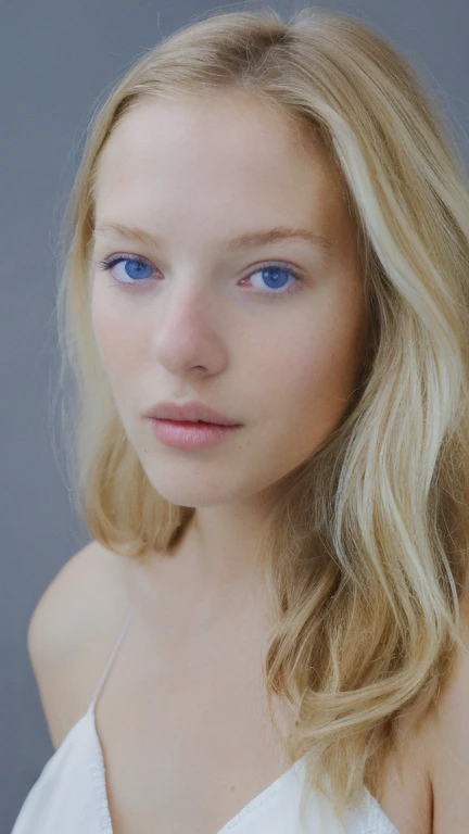 Photo portrait of a young woman, pale skin, big blue eyes, long wavy pale blonde hair, wearing a pink dress