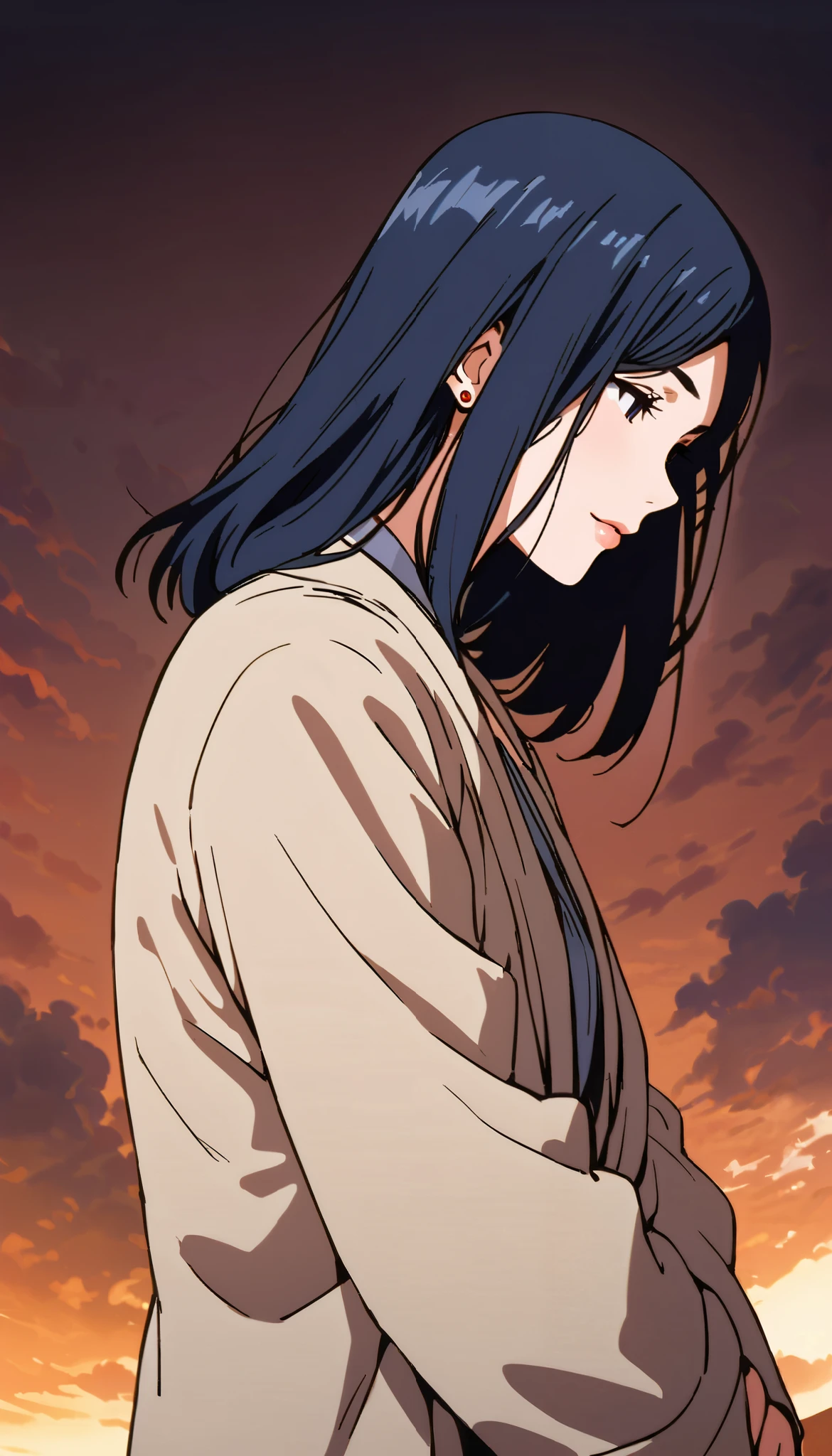 vintage movie, girl, Izumi Nase, short hair, navy hair, straight hair, woman body, cute earrings, ((dressed like hyuuga hinata from naruto))
, hyuga clan, shinobi village, konohagakure, (((perfect lips))), perfect hair, looking down, shy, melancholic, ((young)), ((19 years old)), shonen style
((solo girl)), ((feminine)), ((sweet)), pure, ((litle smile)), she's a doctor, medic