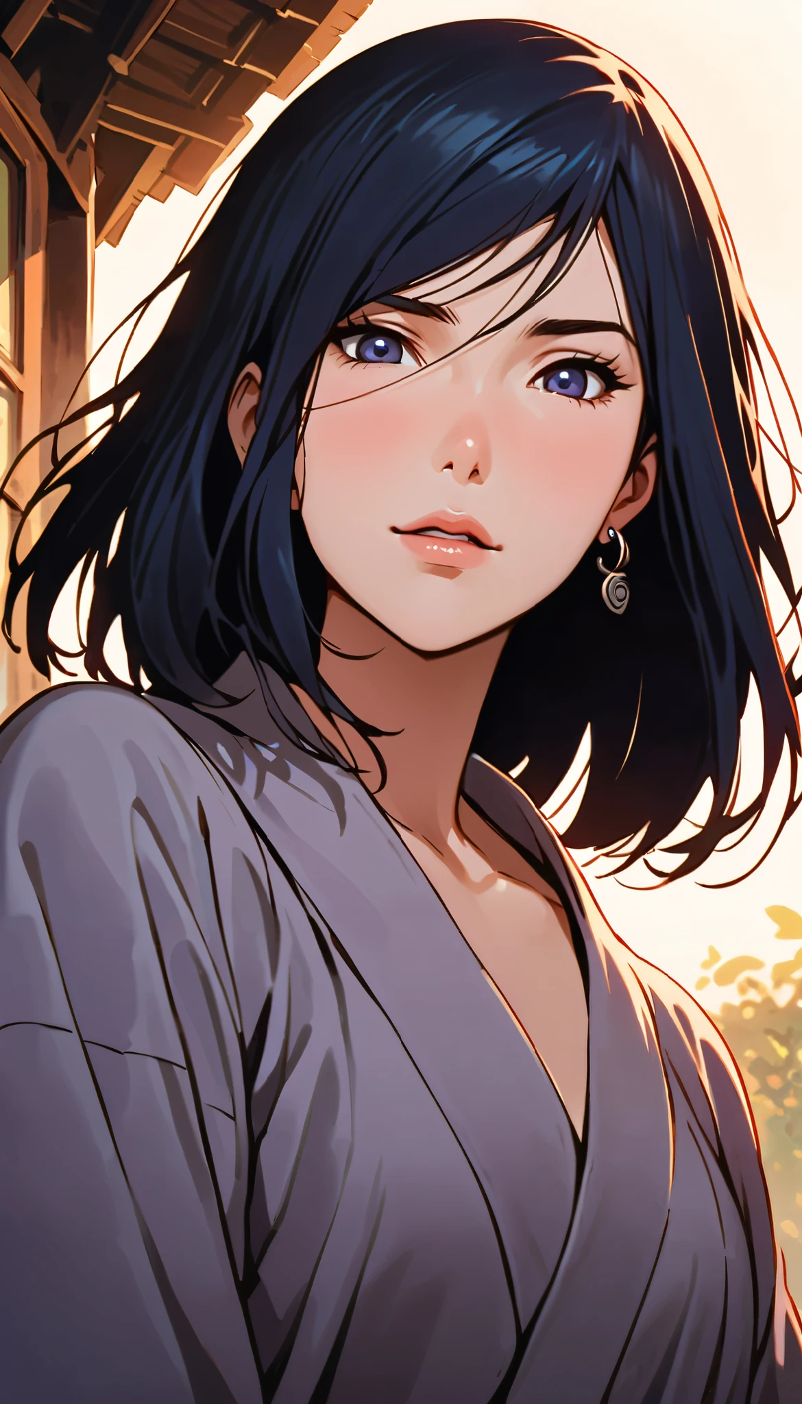 vintage movie, girl, Izumi Nase, short hair, navy hair, straight hair, woman body, cute earrings, ((dressed like hyuuga hinata from naruto))
, hyuga clan, shinobi village, konohagakure, (((perfect lips))), perfect hair, looking down, shy, melancholic, ((young)), ((19 years old)), shonen style
((solo girl)), ((feminine)), ((sweet)), pure, ((litle smile))