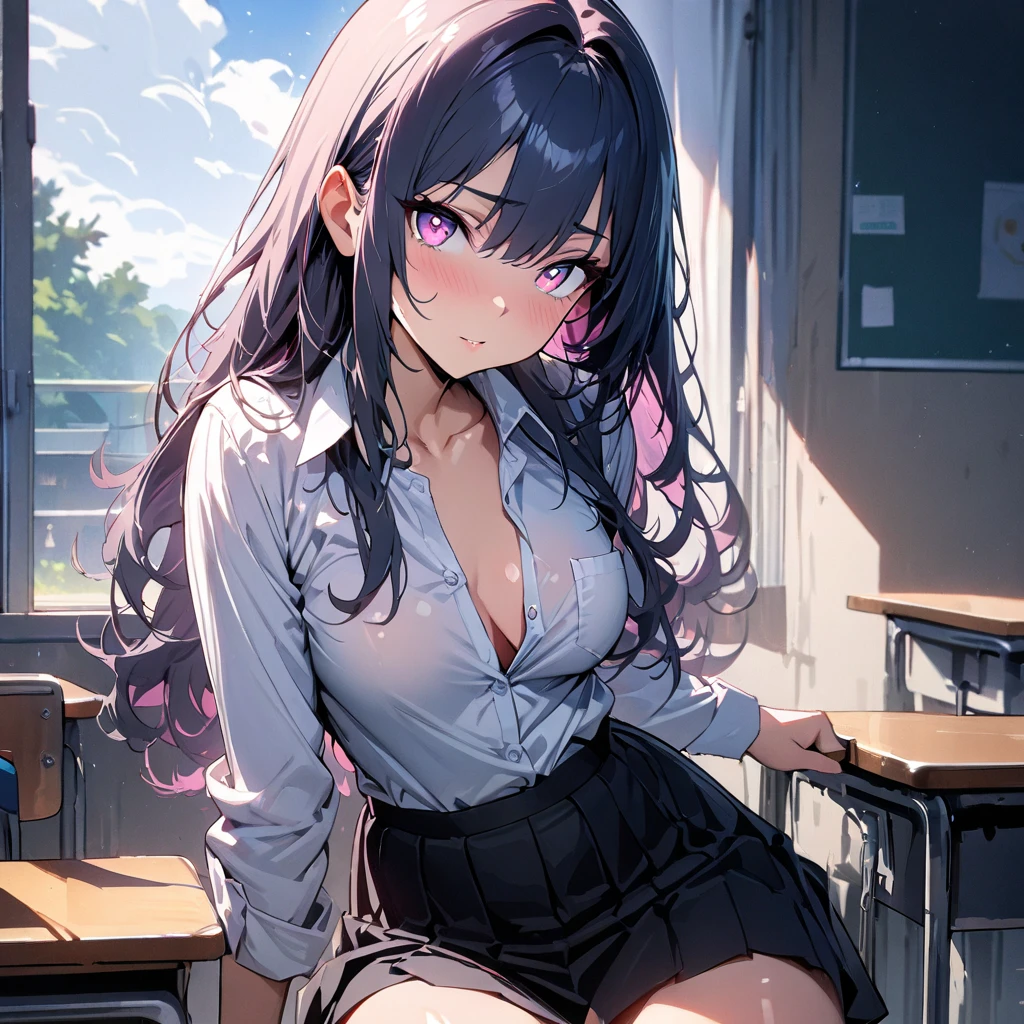 (cute eyes:1.2), (sparkling eyes:1.2), (8K、Best image quality、highest quality、masterpiece)、Detailed face、(2 girls)、Improve、(Black Hair, Purple Eyes, long hair)、(open mouth), (embarrassed), (skinny body:1.3),(small breasts), ((White collared shirt)), ((Open shirt)), (cleavage), Sit on a chair, Classroom Background, (black stockings:1.1), (Thighs:1.1), (Waistline:1.1),(close-up shot of bust), (from above:1.2)