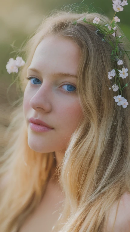 Russian cute beautiful naked girl, 18 y.o., model, pale skin, blond long hair, 4th breasts size, realistic HD RAW photo, 8K, in backyard, naked breasts, in flowers wreath on head, photography shot on canon eos 5d mark 3, overexploed photo, sunny, front view