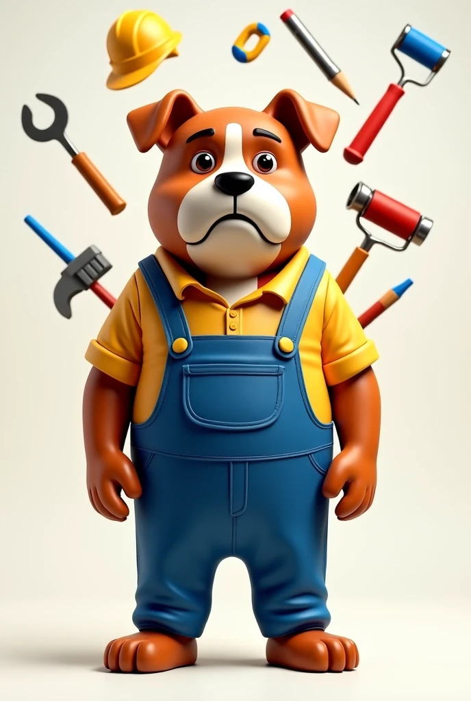 A semi-muscular, masculine and anthropomorphic bulldog with a confident posture and strong behavior. His arms are crossed in front of him. He has a dark brown coat with a slightly darker brown snout, inner ears and arms. He has a confident smile and two fang teeth coming out of his slight bite. His eyes are expressive with a determined look, and he has a black nose. He is dressed in a black T-shirt, tanned pants and small brown boots. He also uses orange suspenders and a tool belt equipped only with a pencil, a screwdriver, a tape measure and a flashlight. In one hand is a hammer in the other a toy bone. No other tools in the photo.