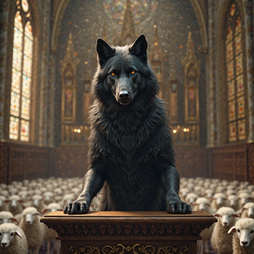 wolf eating a sheep in a church