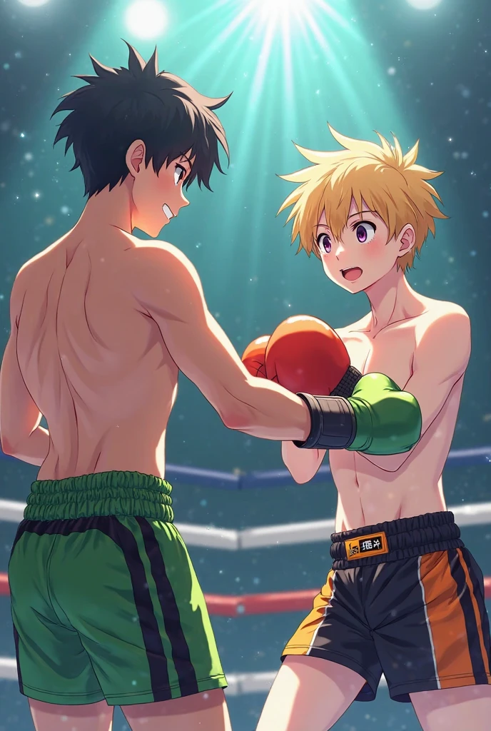 masterpiece, best quality, ultra-detailed, illustration, ultra-detailed face, best quality face,1boy, , boxer, tomgirl, bully, short hair, strong, muscular abs, tough expression, sporty build, tall, professional martial artist, amber brown eyes, mean smile, champion, brown hair, confident, strong, fighter, dominant, ready to dominate the opposition, naked, topless, wicked, evil, vicious, dominant look in his eyes, he's a predator, boxing gloves, boxing ring, violent, angry, wide shoulders, strong arms, muscular thighs, ripped muscles.