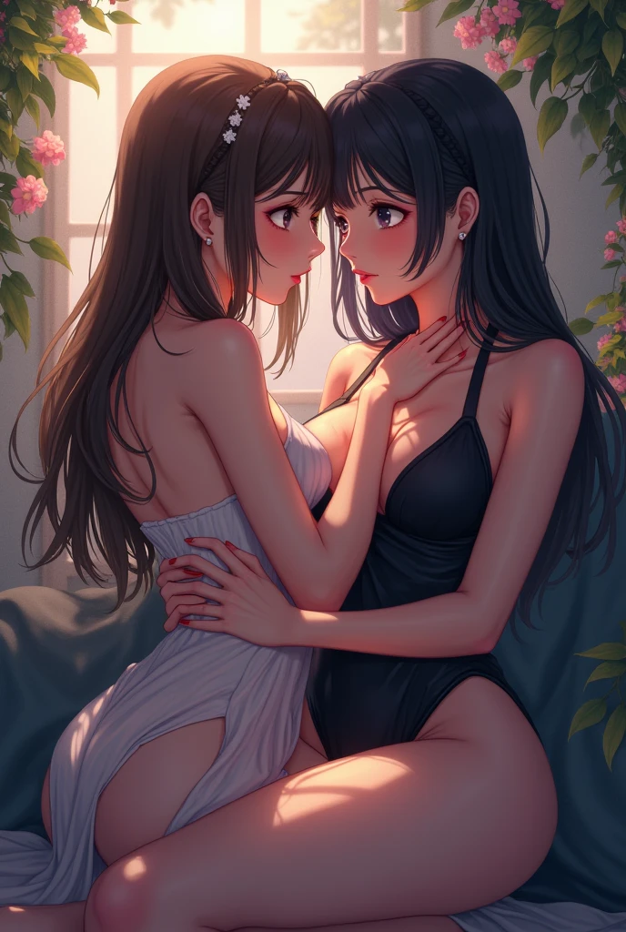 Two Girls、Love each other、lily、same-sex love、Affair、On the bed、Clothes scattered on the floor、Girl in underwear、Bare Skin、Embrace each other、to kiss、act of love、A room with the setting sun、Bed in the sunset、sexual behavior