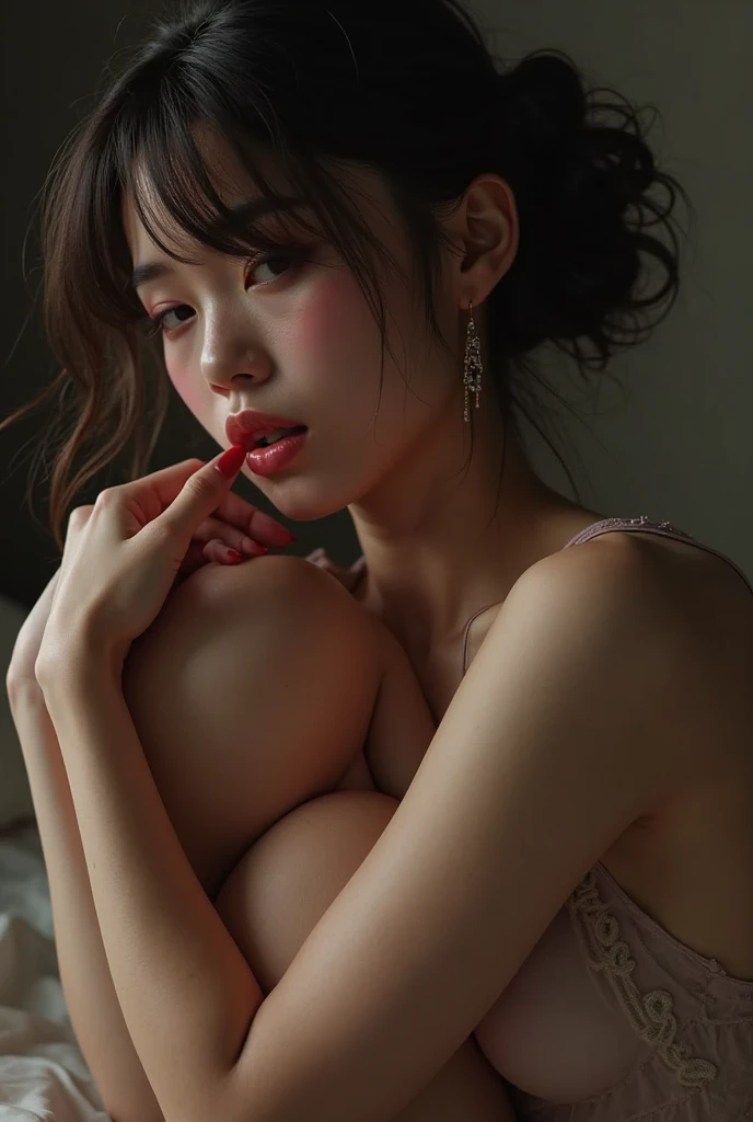high quality, Long curly hair tied into a ponytail, (A 25-year-old slender and tall Central Asian beauty:1.3), full-body shot:1.7, (frown:1.3) (Melancholy expression:1.5) (Sweating all over:1.4)(Beautiful girl showing her underwear:1.3) Sexy pose:1.6 (Bust 32B:1.3)(Small Breasts:1.5) (feel pain:1.7) (It hurts so much that I close my eyes and open my mouth to scream.:1.8)