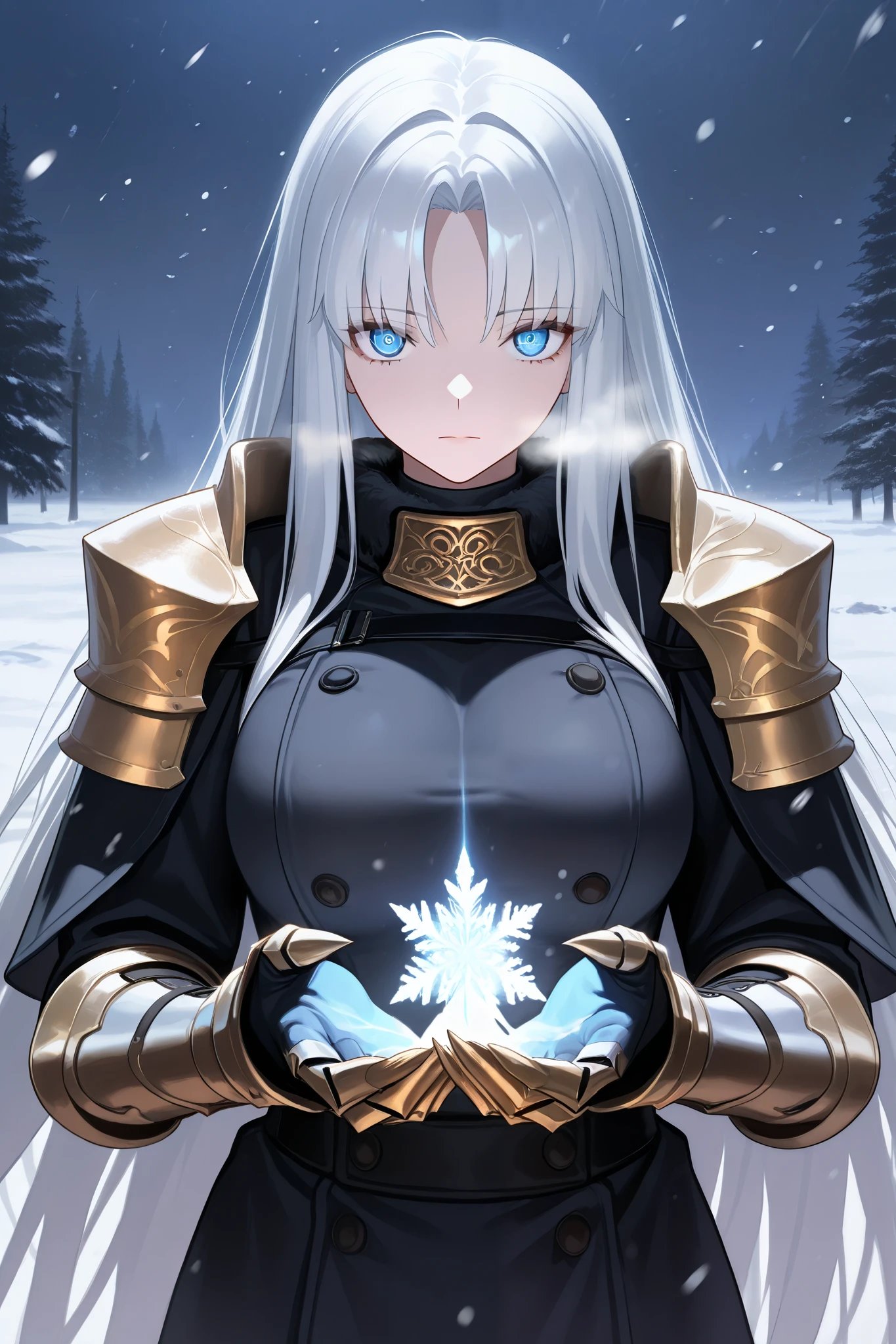 absurdres, (((HD))), (((Ultra High Quality))), ((hyper detailed)), ((Ultra High Resolution)), (Highly rendered), ((detailed eyes)), (((8K))), ((perfect face)), ((masterpiece)), cinematic, dynamic lighting, 1girl, tall, white hair, long hair, straight hair, blue eyes, emotionless, large breasts, black trench coat, shoulder armor, gold accents, gauntlets, clawed hands, snow, Arctic region, nighttime, moonlight, snowing, heavy snow, blizzard, frost over clothes, cold breath