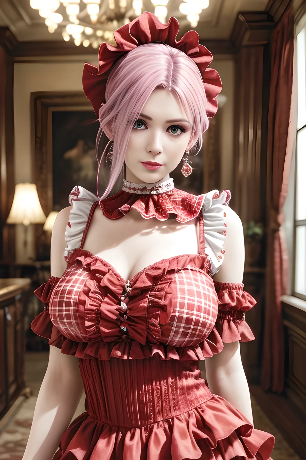 A woman exudes elegance and sophistication in a chic red outfit (Ruffle Detail: 1.4). With soft, voluminous curls and simple earrings, she stands confidently with a calm expression. The background is a modern, cozy interior with soft lighting, the overall vibe is stylish, warm, and sophisticated. Photorealistic, high detail, soft lighting.