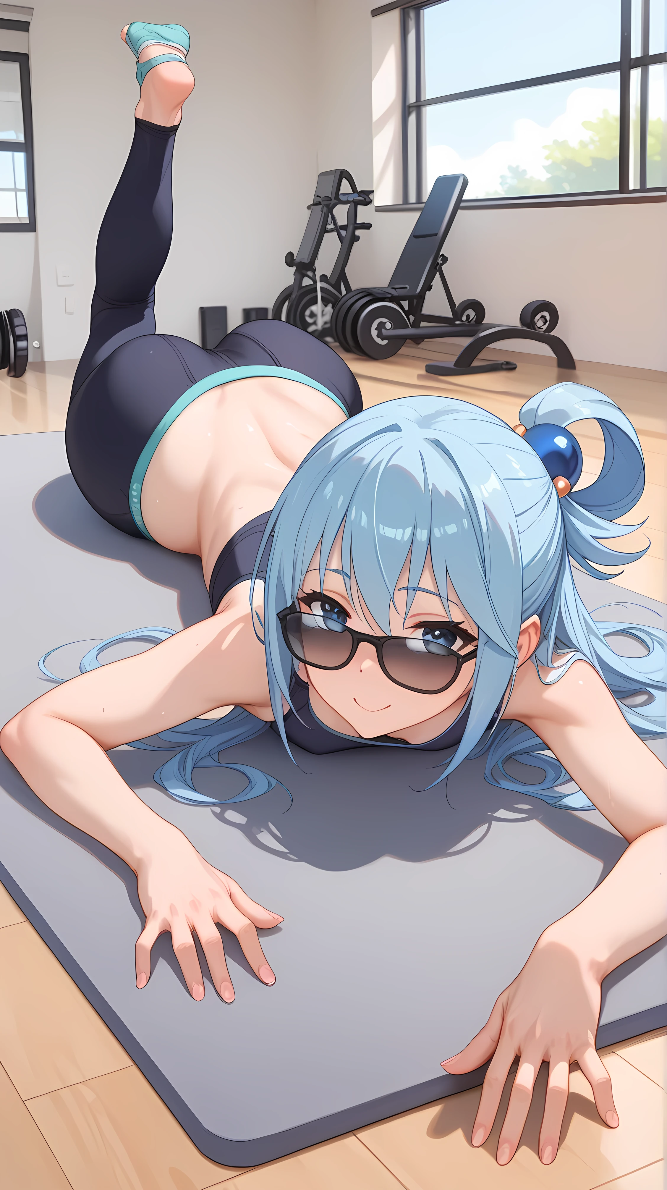 Aqua Konosuba, a light-skinned character, is doing a yoga or pilates exercise. She is positioned on a yoga mat, lying on her back, with one leg raised and the other bent. She is wearing a light gray sports bra and a pair of gray leggings, with a detail of the crotch area. The woman's facial expression is neutral, focused on the exercise. She has a slim build. The room is well-lit with natural light streaming in, creating soft shadows. The floor is light brown laminated wood, and a dark gray yoga mat is visible. The composition is centered on the woman, and the perspective is slightly above the yoga mat. The colors are soft and natural, with shades of gray, brown, and beige. The atmosphere is calm and focused, characteristic of a fitness practice.