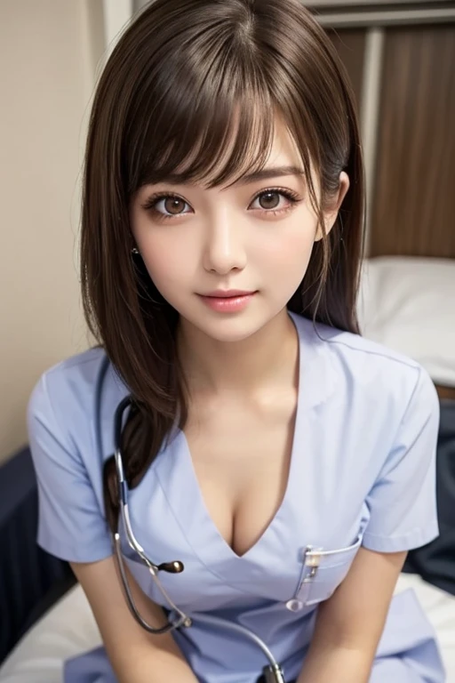 (1girl)、(Japanese、27 years old、Refreshing、clear、seems kind、stylish、(narrow eyes)、Pitiful、cute like an angel、cute、black eyes、Idol,actress,), Good style and slenderness, (Beautiful big breasts:0.7),(soft breasts),(very cute),(brown hair),,(tendrils),(medium long hair),(enchanting eyes),(highlight on eyes:1.2)、(8K、Live shooting、highest quality、masterpiece:1.2、optimal lighting)、((masterpiece)),(Photo taken by a professional photographer),(real、photo real:1.4),break,{ (white nurse costume),(((taraditional nurse uniform))),(white nurse mini skirt),(( pantyhose)),(cleavage:0.7)},(Smile1.0),(cheeks are red:1.2)、,((talking to a patient lying in bed:1.2))、Face close-up:1.3,Looking at viewer、Mouth wide open, break, break,Hospital room,Hospital bed,Bathing in the morning sun