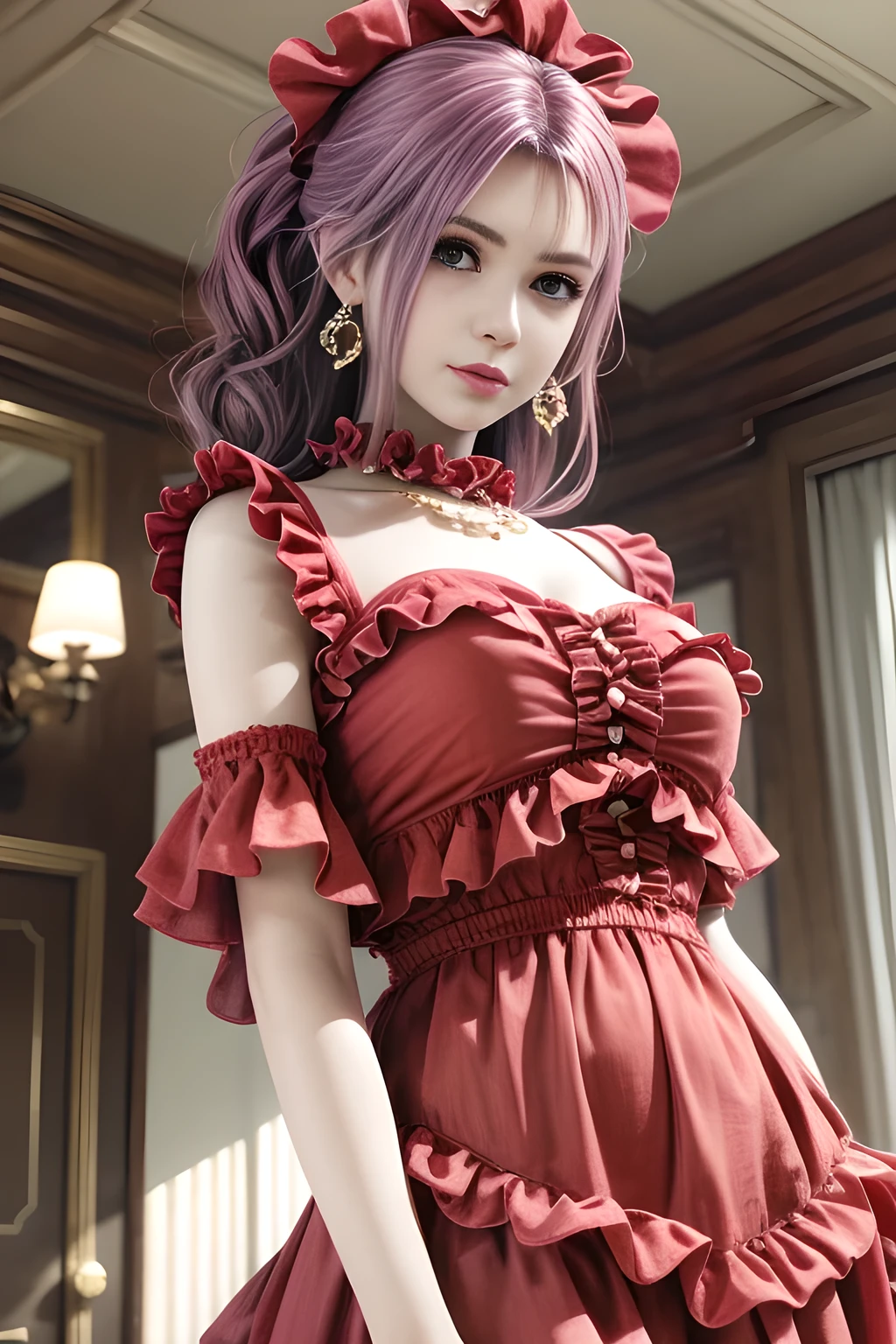 A woman exudes elegance and sophistication in a chic red outfit (Ruffle Detail: 1.4). With soft, voluminous curls and simple earrings, she stands confidently with a calm expression. The background is a modern, cozy interior with soft lighting, the overall vibe is stylish, warm, and sophisticated. Photorealistic, high detail, soft lighting.