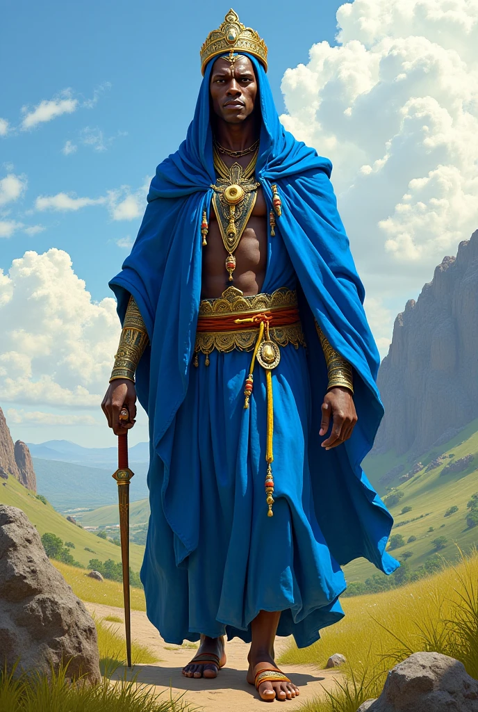 Orisha Black Man, warrior, shorth hair, clothes in blue color, with a raised sword, in a green field.