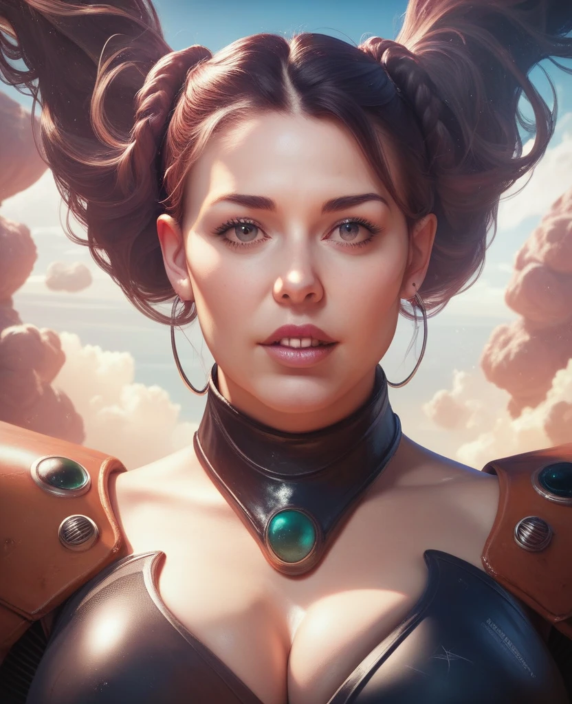 there is a woman in a futuristic dress standing in front of a bunch of people, large dieselpunk flying airships, dribbble, inspired by Gil Elvgren, fantasy paladin woman, inspired by Mark Brooks, [ bubbles, portrait of helen of troy, sci - fi : :, golden armour