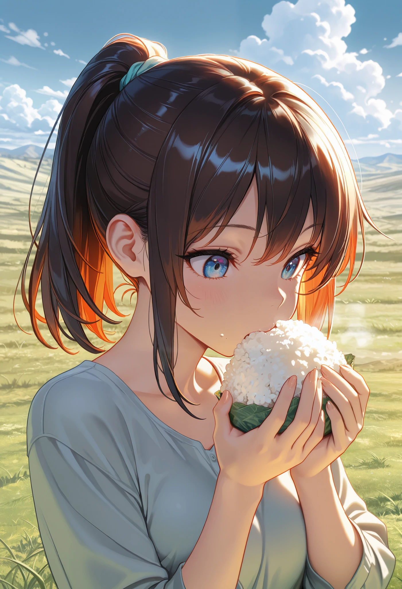 ultra detailed, absolutely resolution, masterpiece, highly detailed, sharp focus, vivid colors, soft lighting, cinematic composition, close-up of a cute woman, ponytail, casual clothes, eating rice balls alone in a deserted, vast grassland, a clear, cloudless day, extremely delicate depiction, extremely clear image, 2.5D, artistic photography, hyper realistic