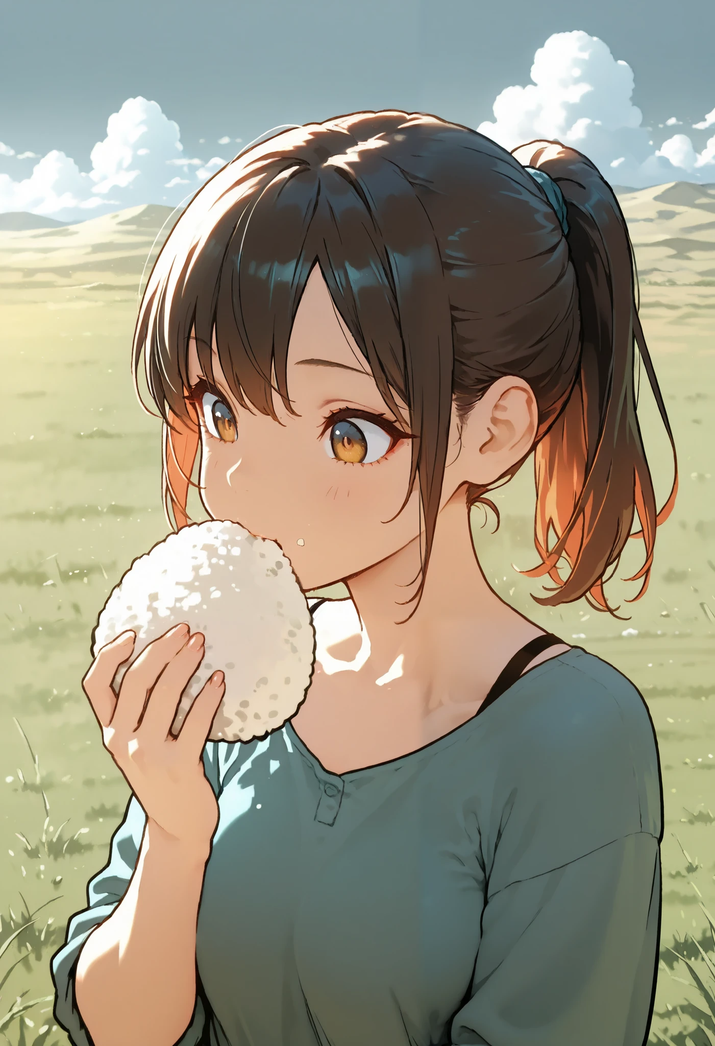 ultra detailed, absolutely resolution, masterpiece, highly detailed, sharp focus, vivid colors, soft lighting, cinematic composition, close-up of a cute woman, ponytail, casual clothes, eating rice  alone in a deserted, vast grassland, a clear, cloudless day, extremely delicate depiction, extremely clear image, 2.5D, artistic photography, hyper realistic