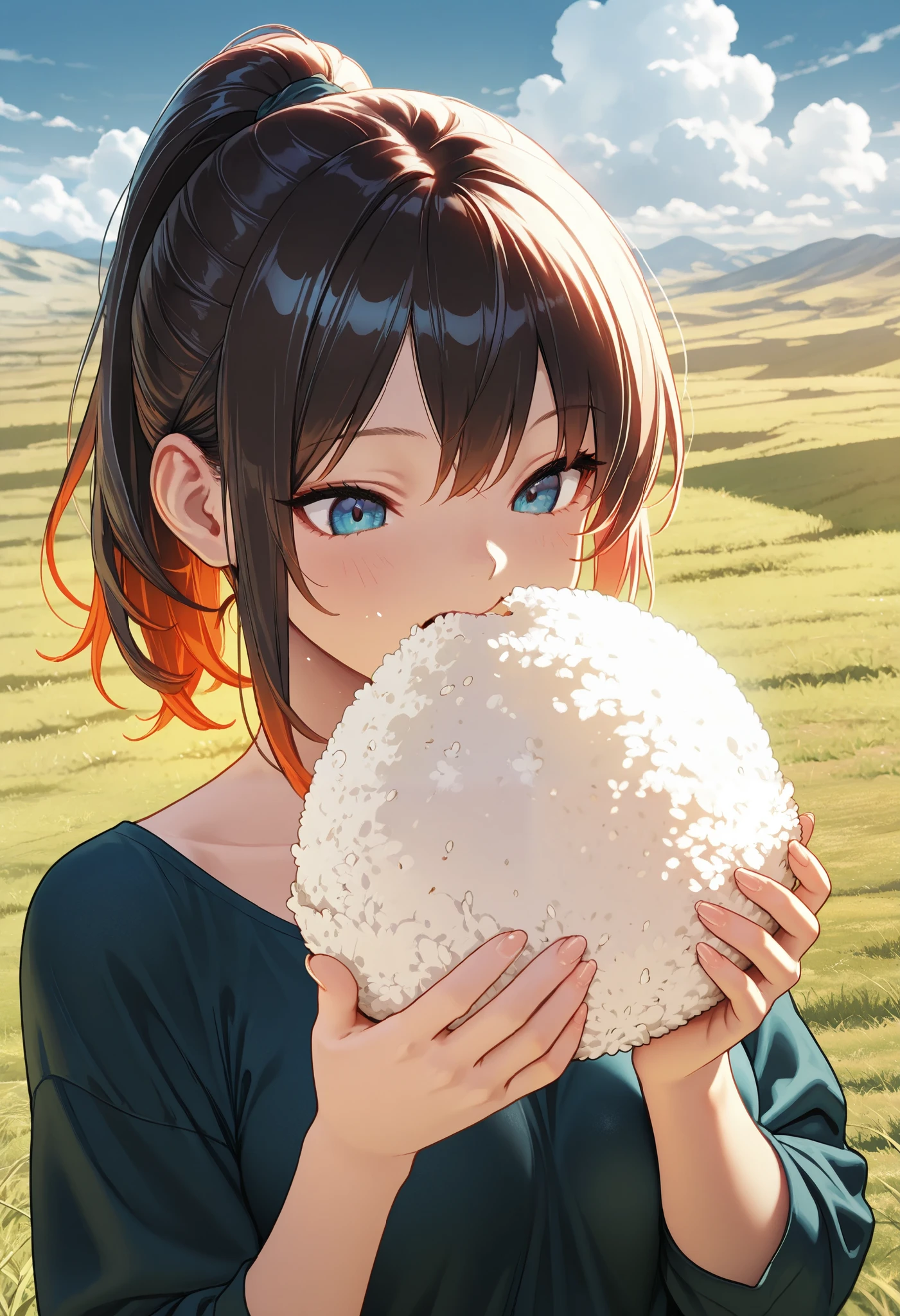 ultra detailed, absolutely resolution, masterpiece, highly detailed, sharp focus, vivid colors, soft lighting, cinematic composition, close-up of a cute woman, ponytail, casual clothes, eating rice balls alone in a deserted, vast grassland, a clear, cloudless day, extremely delicate depiction, extremely clear image, 2.5D, artistic photography, hyper realistic