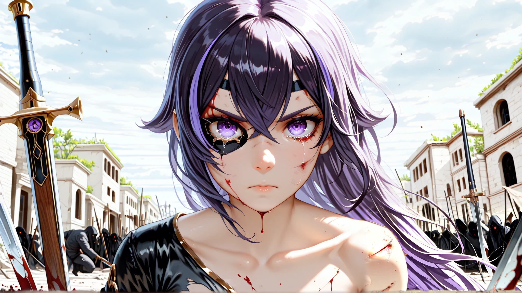 chevreuse (genshin impact) a girl in a black outfit with a weapon in her hand and blood splatters all around her, in a battlefield in the background amano, vanitas, firearm, fullbody, streaked hair, a detailed painting, collarbone, serious, gun, eyepatch, bloodshot eye, injury, antique firearm, purple hair, purple eyes, bruise on face, crying with eyes open, very long hair, gold trim, blood dripping all over his body, torn clothes, solo, 1girl, tearing up, tears, loody lip and nose, horror, eye focus, blood on face, ((4k,8k,Ultra HD)),((Masterpiece :1.2)),((Best quality :1.2)),((Detailed :1.5)),((Detailed background :1.5)),Maximum facial details, Maximum detailed textures, Maximum detailed shadows, Maximum detailed backgrounds, super fine illustration, ,PEAnimeBG, Bac,BattleDamage, cuts, bruises, damaged, blood,b4ttl3f13ld, outdoors, planted sword, cloudy sky, battle, crowd, ruins, fullbody,