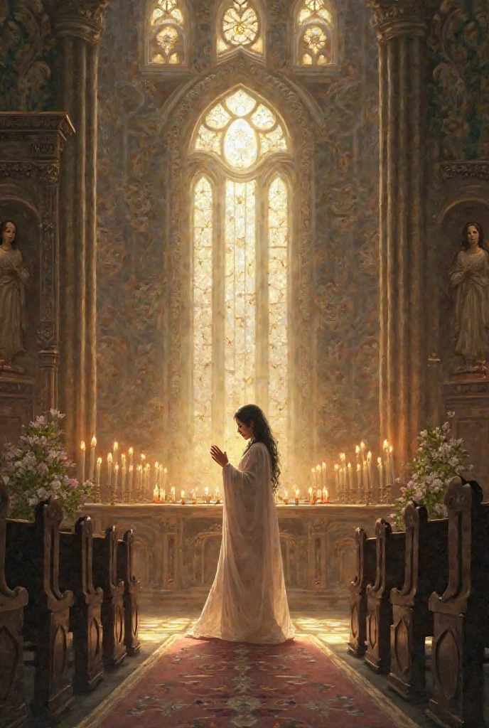 adriana lima, thick brown hair, hot , Ukrainian girl, wavy brown hair, Dasha Taran, pretty beautiful brunette, (solo one girl : 2.0), (best quality,4k,8k,highres,masterpiece:1.2),ultra-detailed,(realistic,photorealistic,photo-realistic:1.37),cathedral,girl praying to God,nude,artistic photo,pure beauty,sunlight streaming through stained glass windows,serene expression,innocent and ethereal,breathtaking atmosphere,hushed whispers of devotion,divine connection,transcendent moment,sacredness,dreamlike quality,sublime lighting,architectural magnificence,divine embrace,elaborate sculptures and carvings,heavenly aura,spiritual journey,vibrant colors,dappled light,ethereal glow,heavenly realm,the girl's graceful curves highlighted by the sunlight,female form celebrated as art,prayerful solitude,peaceful serenity,spiritual enlightenment,unspoken desires,touch of vulnerability,celestial ethereality,magical realism,exquisite details,poetic composition
