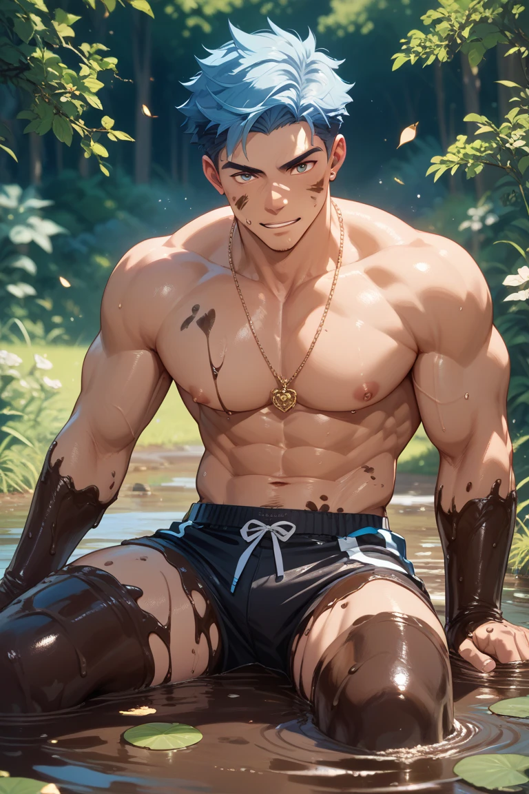 1 half-naked samurai, Japanese, Man 20 years old, Sitting in a Japanese garden, On a large stone, Meditation, (appearance: dark-haired, Brown attentive eyes, Clean-shaven, Beautiful calm face), Masterpiece, ultradetail, hyper realisitc, Against the backdrop of a mountain waterfall