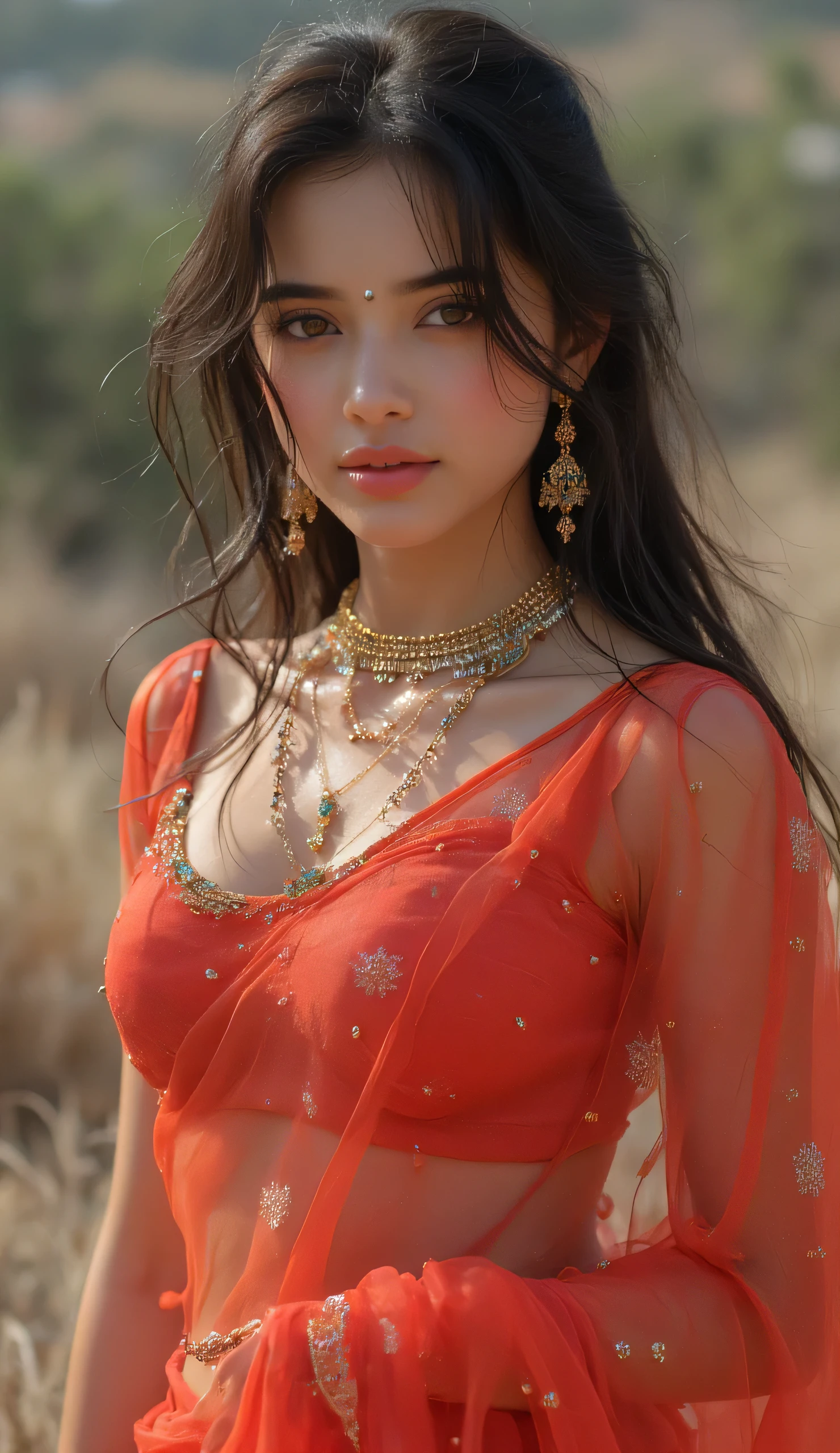 asian women in transparent red saree and short and tight blouse. with necklace, earings and bangles and bindi and hip chain. inocent face., long hair, the face is inocent and cute with white skin, with naked waist . and hourglass body type.