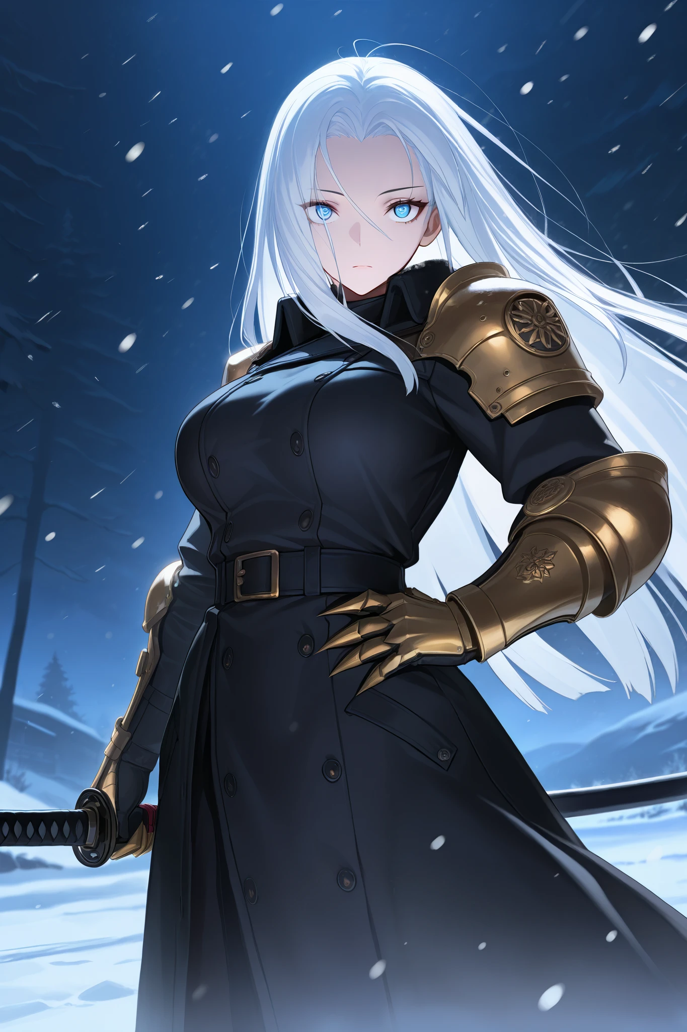absurdres, (((HD))), (((Ultra High Quality))), ((hyper detailed)), ((Ultra High Resolution)), (Highly rendered), ((detailed eyes)), (((8K))), ((perfect face)), ((masterpiece)), cinematic, dynamic lighting, 1girl, tall, white hair, long hair, straight hair, forehead, hair vents, blue eyes, emotionless, large breasts, black trench coat, shoulder armor, gold accents, gauntlets, clawed hands, katana, katana at hip, snow, Arctic region, nighttime, moonlight, snowing, heavy snow, blizzard, frost over clothes, cold breath