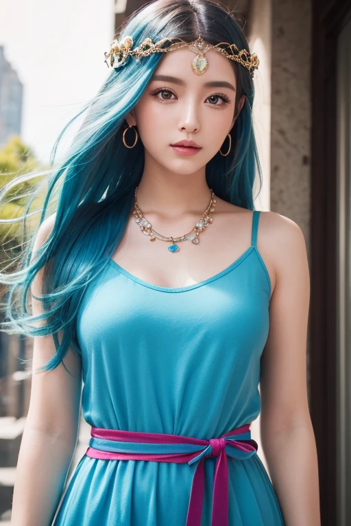 1girl, solo, a most beautiful woman with long aqua blue hair, (glowing aqua blue hair), (blue glowing eyes), Wearing (pink tank top) and mini shorts, Posing for photos in front of a brick wall, Slim girl model,24 years old female model,gigantic cleavage breasts,No bra, No top,Bare chest, (joyful laughing), charismatic, expressive, best quality, masterpiece, trending on pinterest, Tumblr, 3d, character design, dynamic, gorgeous, cute face, sensual, 4k, highly detailed, cute cool, charismatic smiling expression, photoshoot