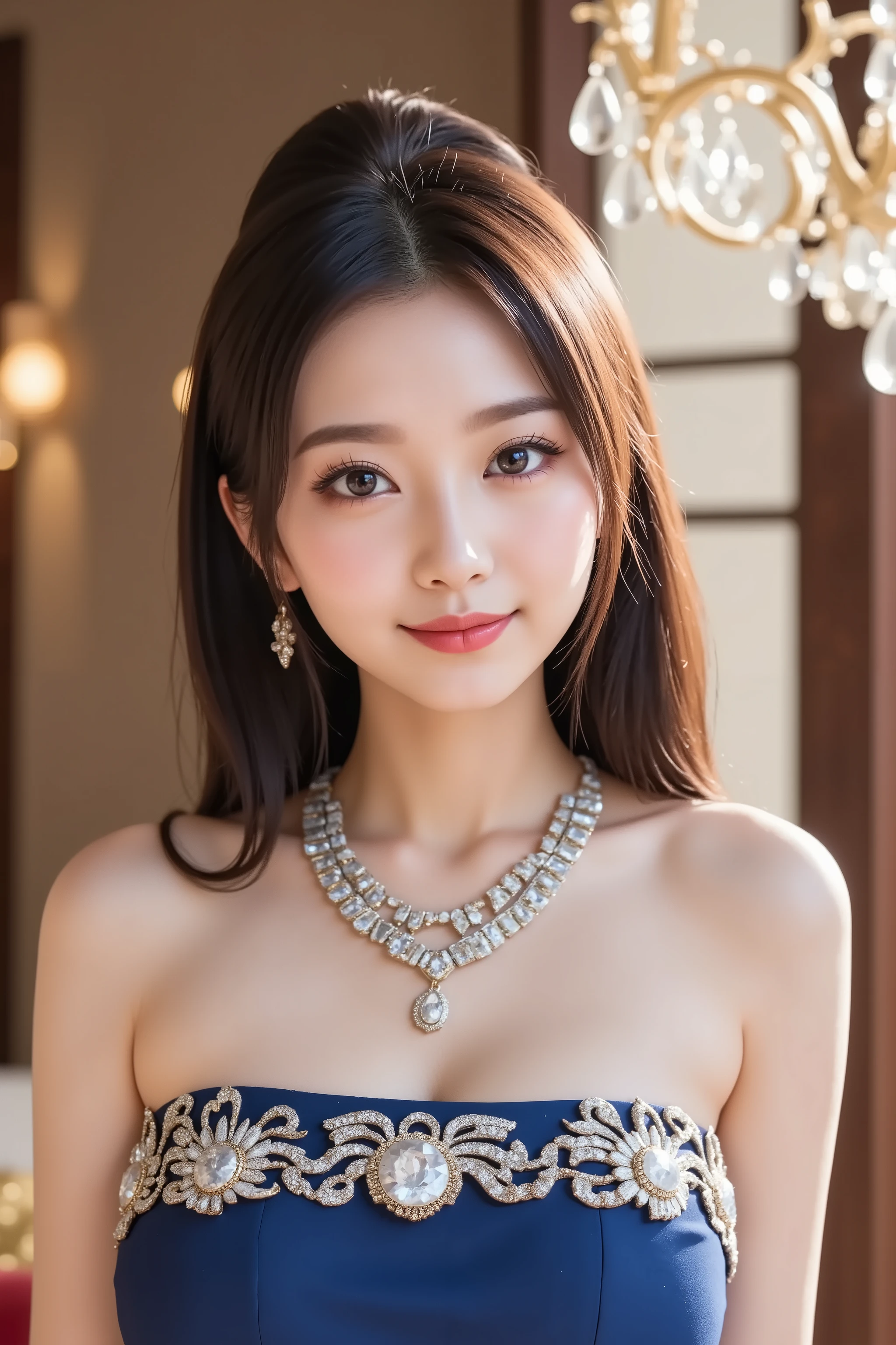 A state where the face is accurately positioned in the center of the image, upper breast, 's entire head is fully reflected, Face clearly visible, blue strapless dress with jewels, royal backdrop with chandelier and luxurious jewels, tiara、 necklaces and earrings 、long hair around the chest, bungs, smile, young and cute japanese face, Official Art, high image quality CG Unity 8k wallpaper, Ultra high image quality, very well detailed, high image quality, Film Grain, lens flare glow, top quality, 8k, as a portrait shot, 8k, viewer, masterpiece, top quality, very well detailed, it's cute, sexy, very well detailedな, detailware features, beautiful, illustration of a woman with a penis, beautiful Japanese woman, ladies 1, Tight chest