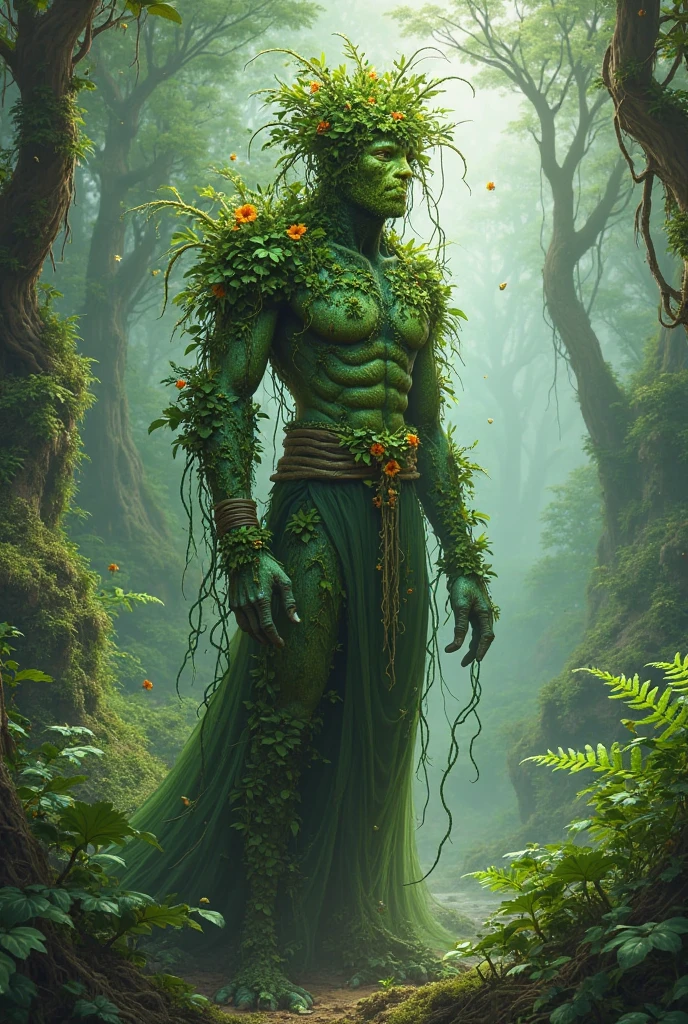 generate a humanoid plant man with a lilly growing from his skull. he wears cloth adventuring gear and is a sorcerer. make him similar to a nymph. have him dress more like a magic user 
