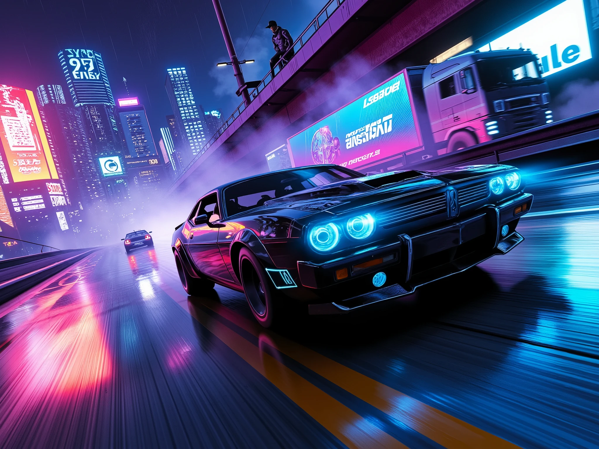 "Cyberpunk road scene (futuristic atmosphere:1.3), (neon reflections:1.2), (rain-soaked asphalt:1.2), (dynamic composition:1.1), a sleek black muscle car (modified:1.3), detailed with glowing blue plasma turbines and accent lights, gliding through the highway at night. Surrounding it, autonomous trucks (corporate logos:1.2) and cybernetic bikers wearing illuminated jackets create a vibrant, chaotic atmosphere. (background details:1.2), towering holograms with Japanese and English text, advertising 'SYNTH-LIVER 2.0 – 99% LESS PAIN!' (cityscape:1.3) with towering skyscrapers covered in luminous screens and patrolling drones filling the polluted sky. (additional details:1.1), phosphorescent glow from acid rain, distorted neon reflections on the wet asphalt. A hooded hacker (observation pose:1.2) standing on a viaduct, overseeing the scene with an enigmatic presence. Art style: Blade Runner and Cyberpunk 2077 inspired, (neon colors:1.3) focusing on purples, blues, and oranges; photorealistic style with cinematic atmosphere and refined details, 8k resolution.