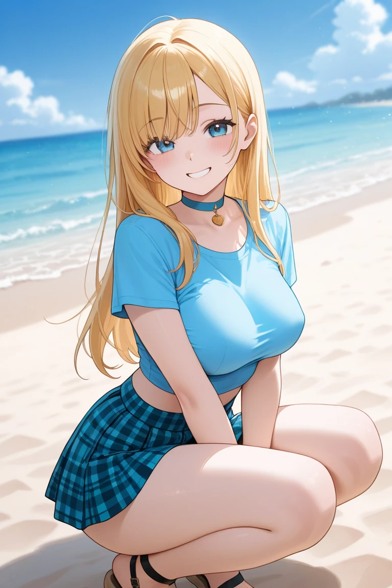 (masterpiece, best quality, ultra-detailed, ultra-HD, photorealistic, cinematic), (alluring anime girl), (Marin Kitagawa), (thicc), perfect body, perfect face, perfect hands, delicate face, (large cleavage:1.2), round ass, (long round legs), (wide shot, full body view:1.5), (golden blonde hair, peachy pink gradient at the ends), (waist length hair), (wearing a sapphire blue top sweater:1.3), (navel), (navy blue T-back bikini:1.2), (sitting, sensual pose), (sunset, seaside), fuchsia eyes, detailed pupils, nude lips, blushing, psycho smile, excited smile