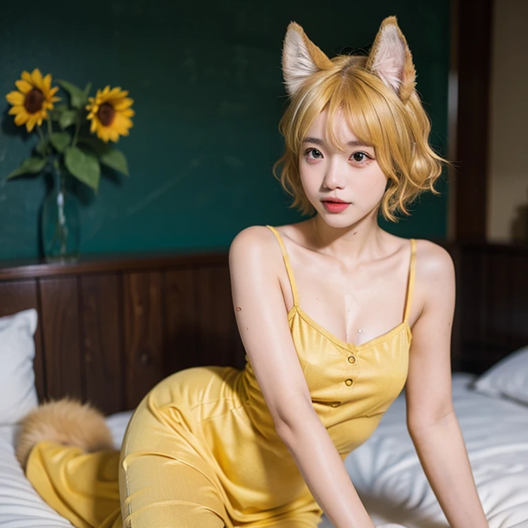 masterpiece, best quality, ultra detailed, normal breasts, cute face, amazingly beautiful girl, highly detailed, perfect anatomy, stunning details, vibrant colour, shadow, intricate, detailed eyes,1girl, solo, short hair, yellow hair, shoulder length hair, cat ears, mischievous, happy, slight smile, mature, yellow camisole, extremely detailed dress design,