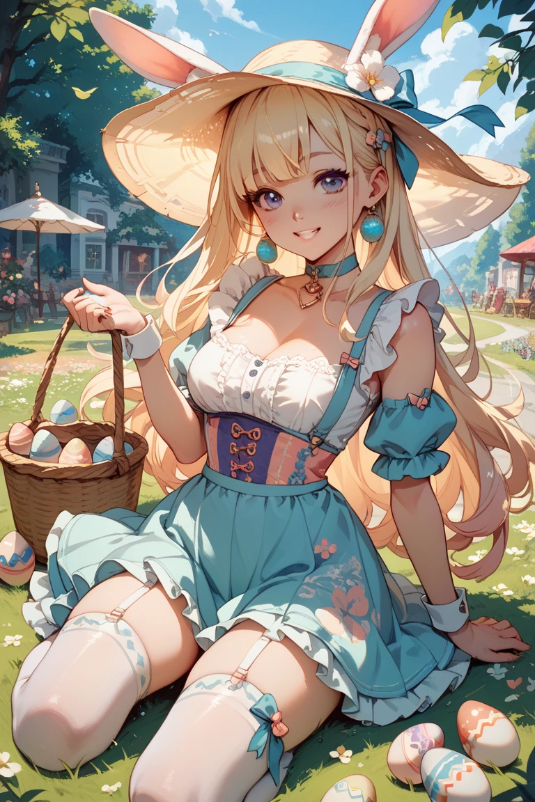 masterpiece, High resolution, highest quality,1 girl, light blue long hair、twin tails、smile, alice in wonderland, dress, (forest), (flowers:0.8),, fairy tale, A cute yellow chick is peeking out from inside a big Easter egg.、mushroom, basket, Large colorful Easter egg in the center, ((striped stockings)), red ribbon