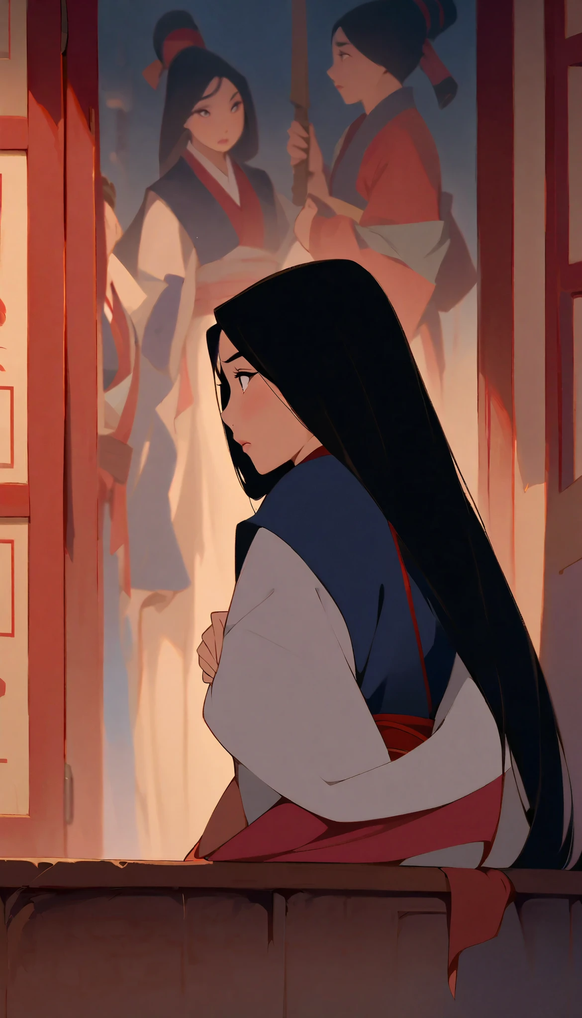 Hua Mulan,Show female shy,19 years old, like a porcelain doll, fine features, delicate,Black and red color scheme,poster,iconic disney characters。shonen style, anime style, straight hair, big hair, ((long hair)) ,japanese young woman warrior, black hair, traditional japanese dress, bottom perspective, panoramic view, fantastic lighting, detailed, with an sword, ((perfect eyes)), ((really shy)), woman body, kunoichi, ((closed mouth)),((loooking down)), ((woman)), ((sad)), ((scared))