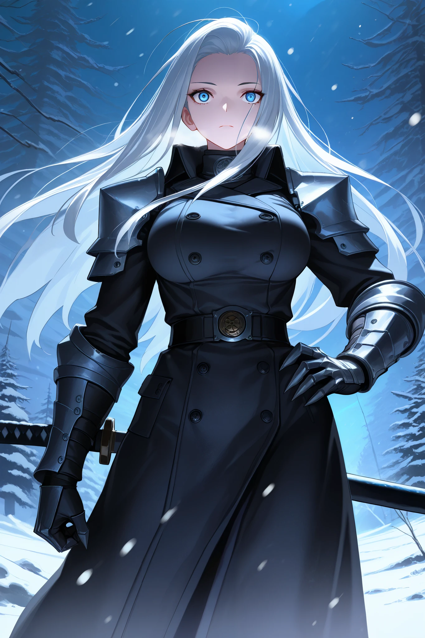 absurdres, (((Ultra HD))), (((Ultra High Quality))), ((hyper detailed)), ((Ultra High Resolution)), (Highly rendered), ((detailed eyes)), (((8K))), ((perfect face)), ((masterpiece)), cinematic, dynamic lighting, 1girl, tall, white hair, long hair, straight hair, forehead, hair vents, blue eyes, emotionless, large breasts, black trench coat, shoulder armor, silver accents, blue designs, gauntlets, clawed hands, katana, katana at hip, snow, Arctic region, nighttime, moonlight, snowing, heavy snow, blizzard, frost over clothes, cold breath